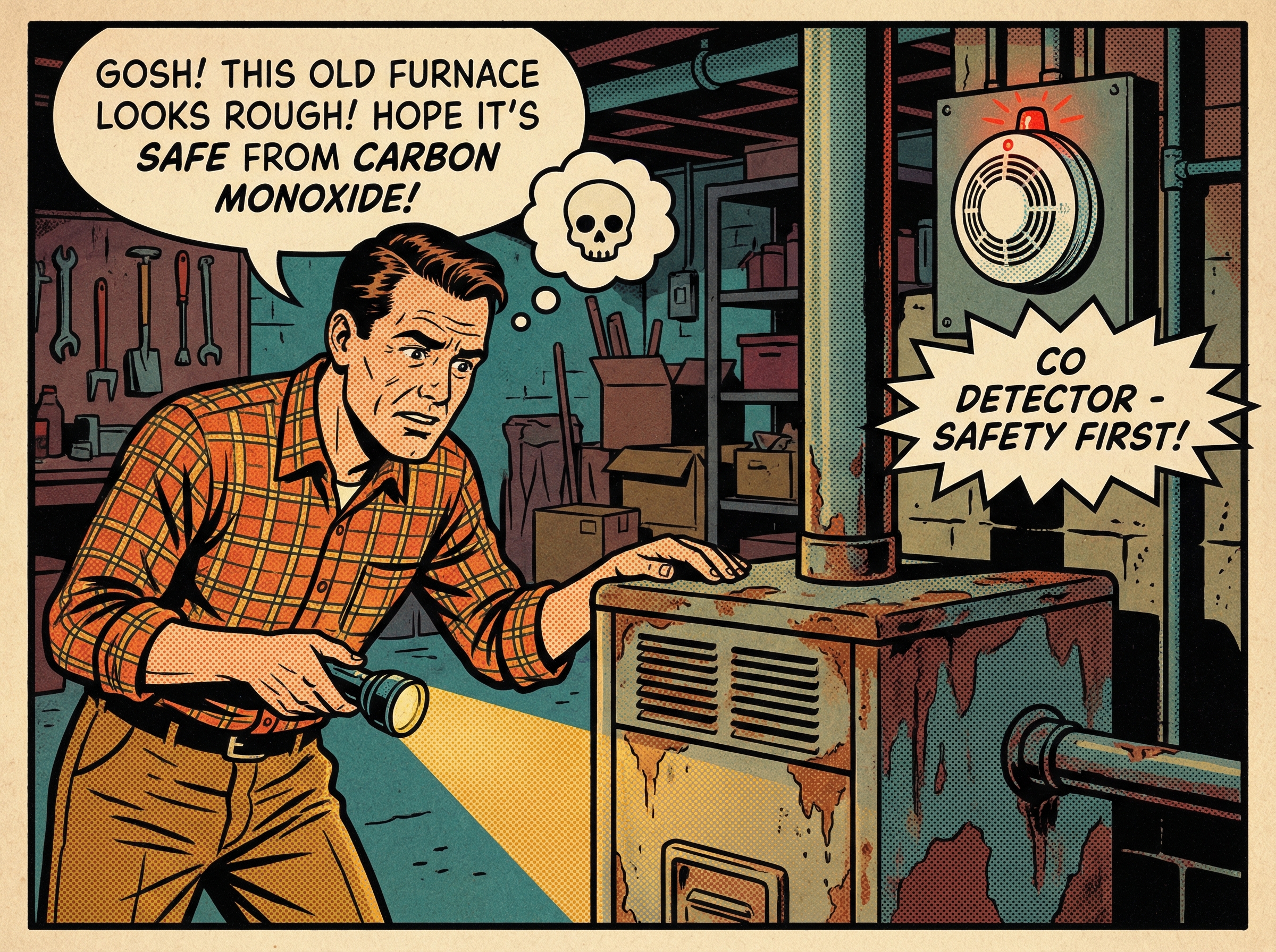 A worried homeowner inspecting their gas furnace in a dimly lit basement, wearing casual clothing and holding a flashlight, w