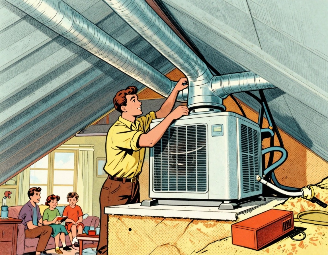 A skilled HVAC technician is shown working on a central air conditioning system in a multi-story home