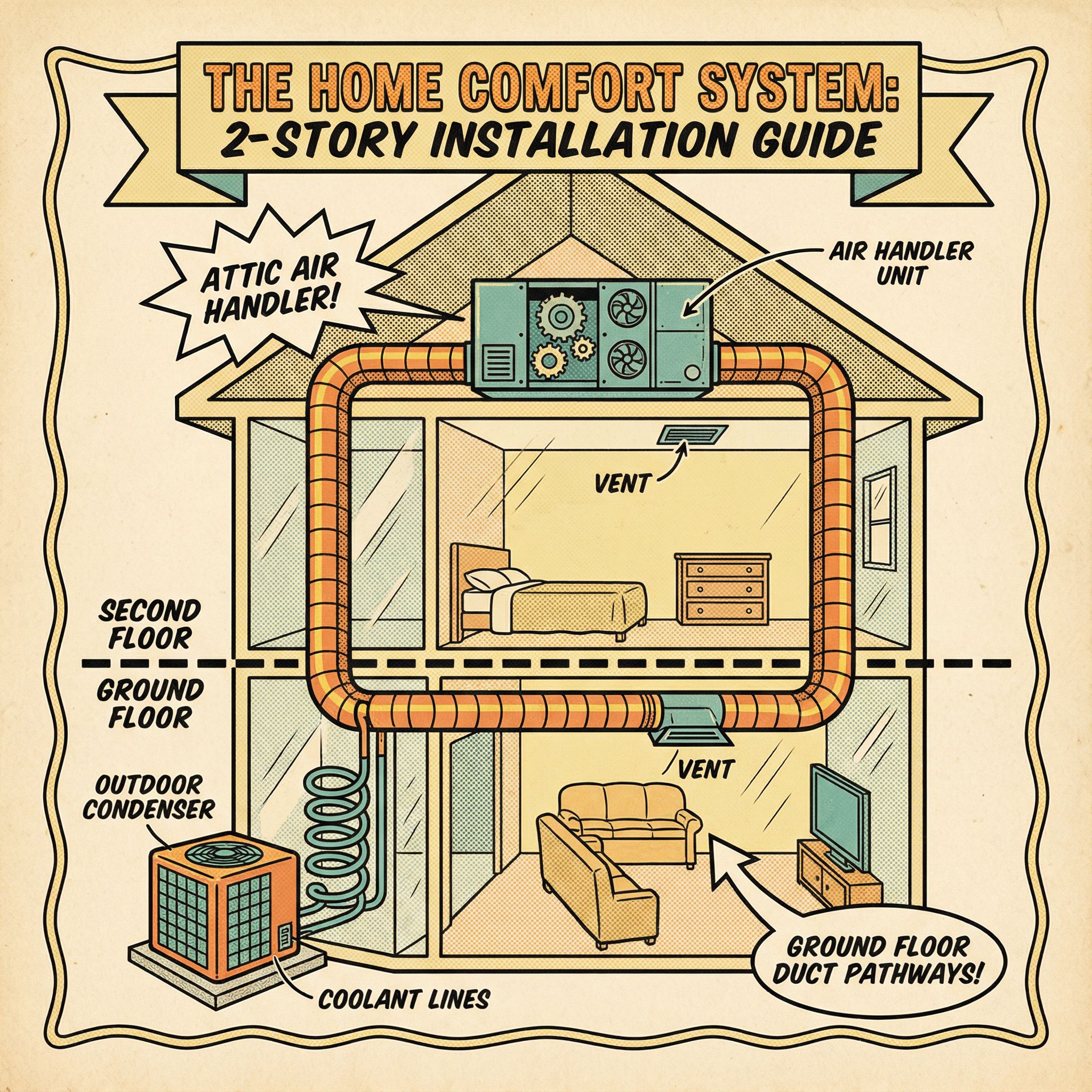 A cross-section view of a two-story home showcasing the ductwork system and air conditioning units in different areas