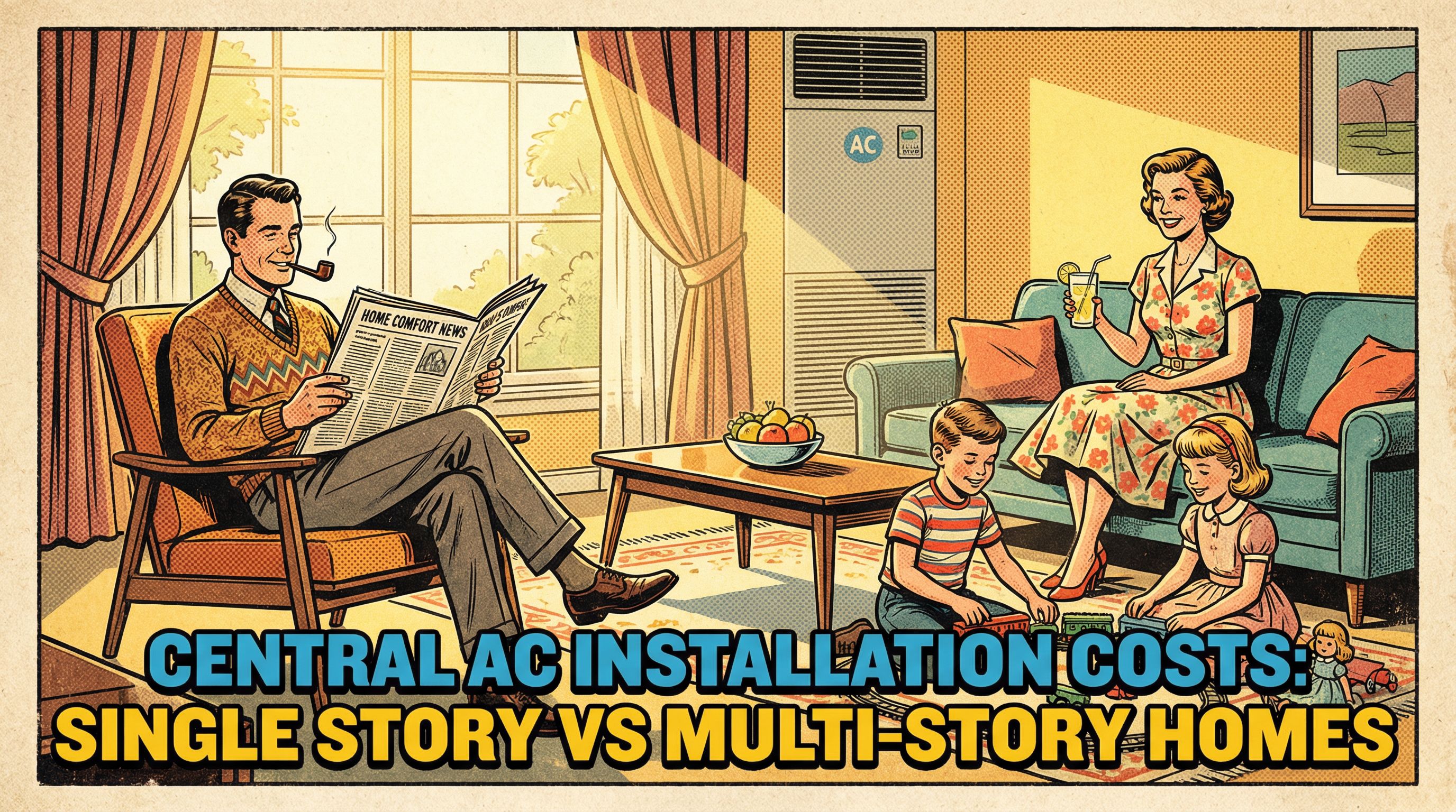 A vintage-style illustration depicting a cheerful family enjoying their newly installed central air conditioning system in a 