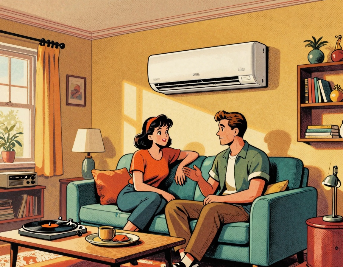 An inviting, retro-styled living room showcasing a mini-split air conditioning unit mounted discreetly on the wall