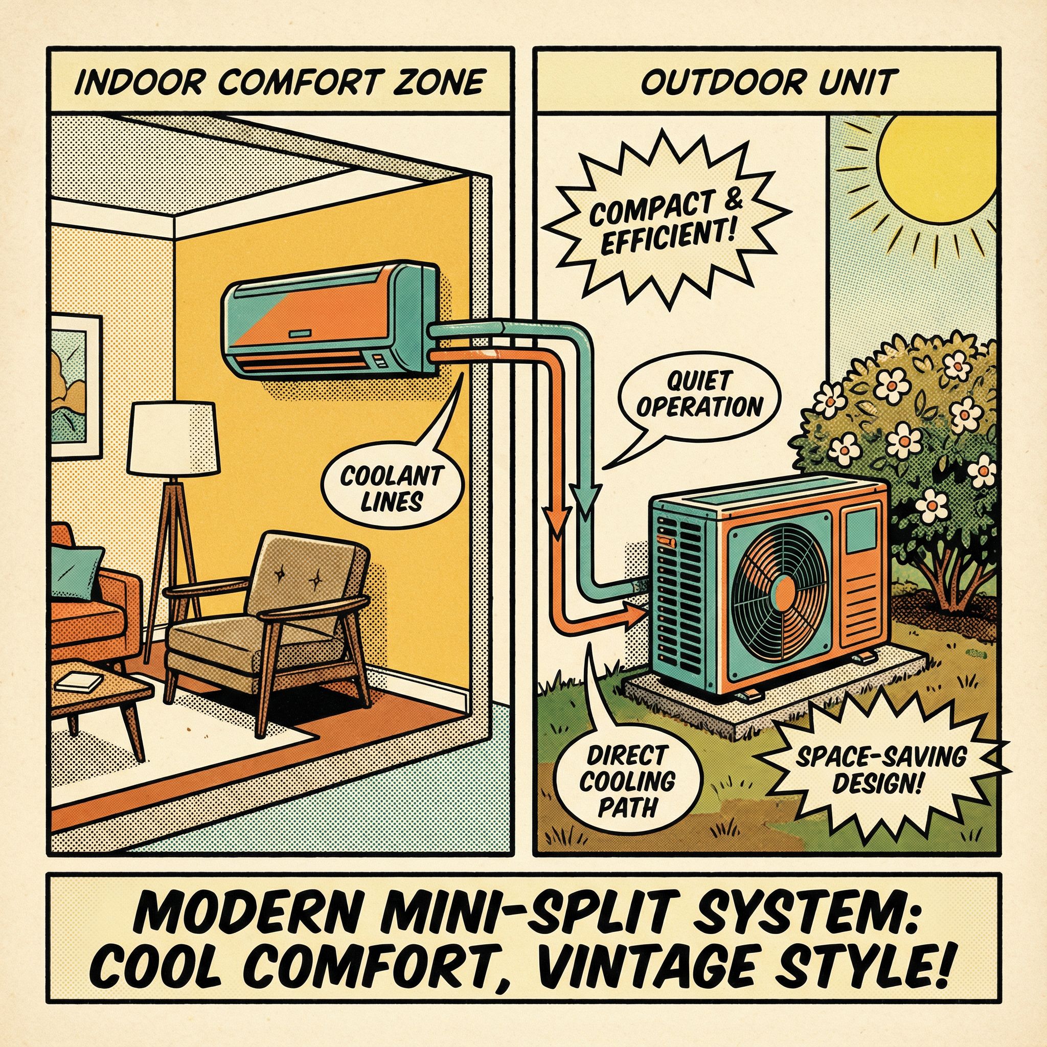 A cutaway view of a mini-split air conditioning system installed in a residential setting, showcasing both the outdoor and in