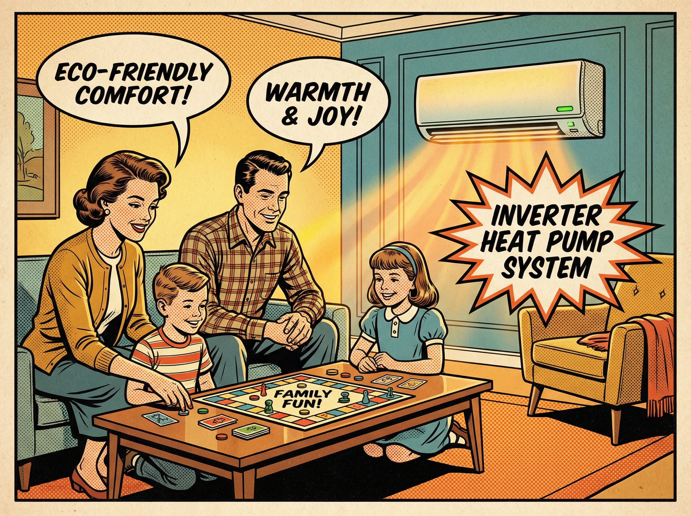 A family gathered in their cozy living room, enjoying the comfort provided by an inverter heat pump system