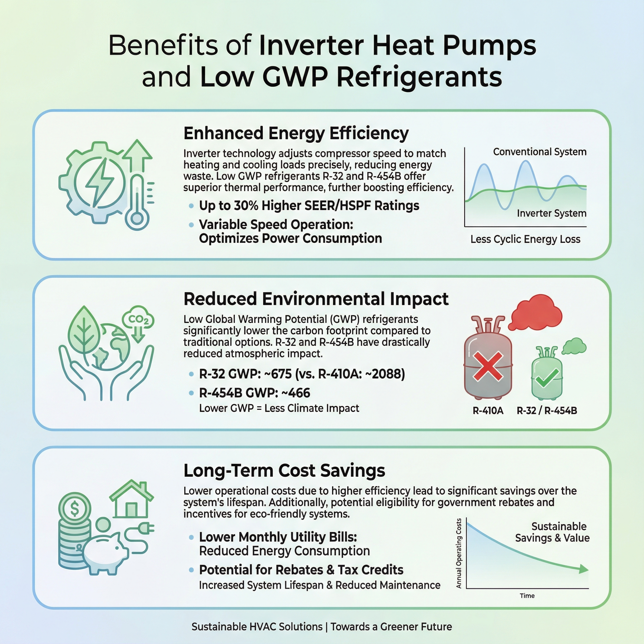 An infographic detailing the benefits of pairing inverter heat pumps with low GWP refrigerants such as R-32 and R-454B