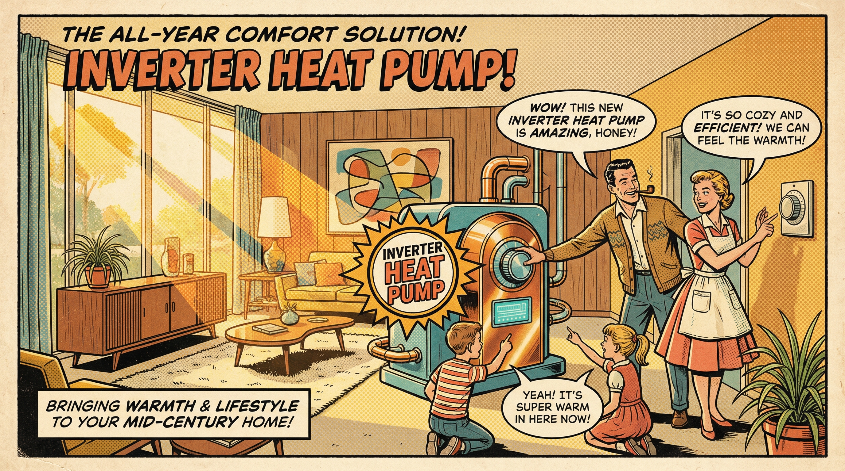 A family gathered around a vintage HVAC system inside their mid-century modern home, showcasing an inverter heat pump promine