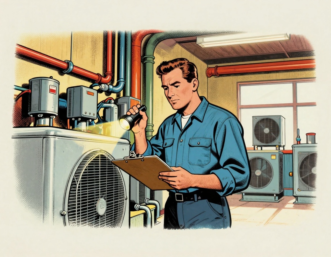 A facility manager inspecting a commercial HVAC unit inside a mechanical room