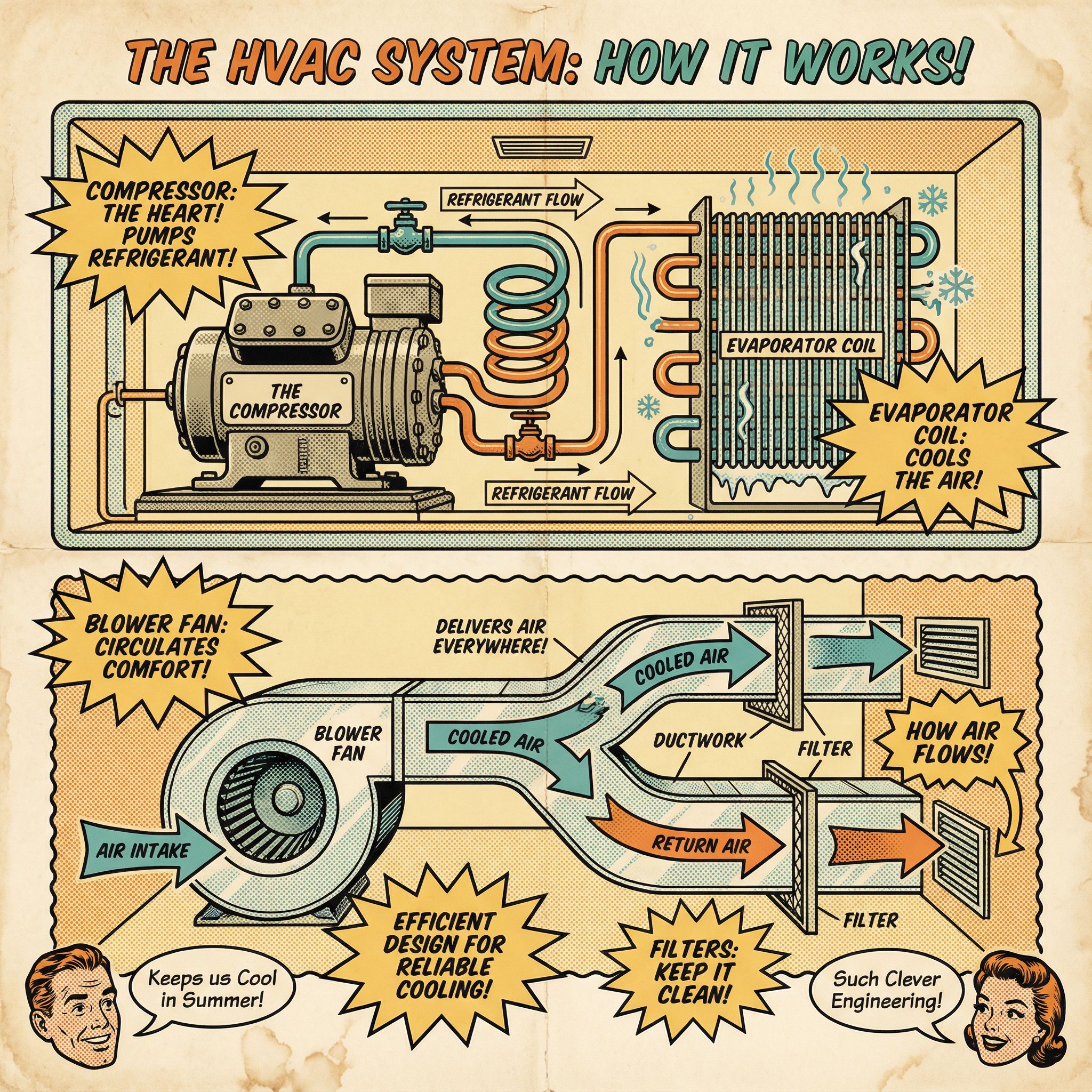 A cross-section view of a commercial HVAC system showcasing various components such as the compressor, evaporator coil, fan, 