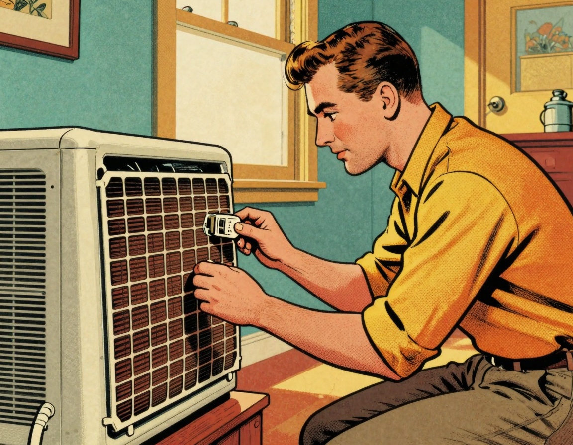 A homeowner in a vintage 1950s setting is kneeling next to an air conditioning unit, inspecting the filter and adjusting the 