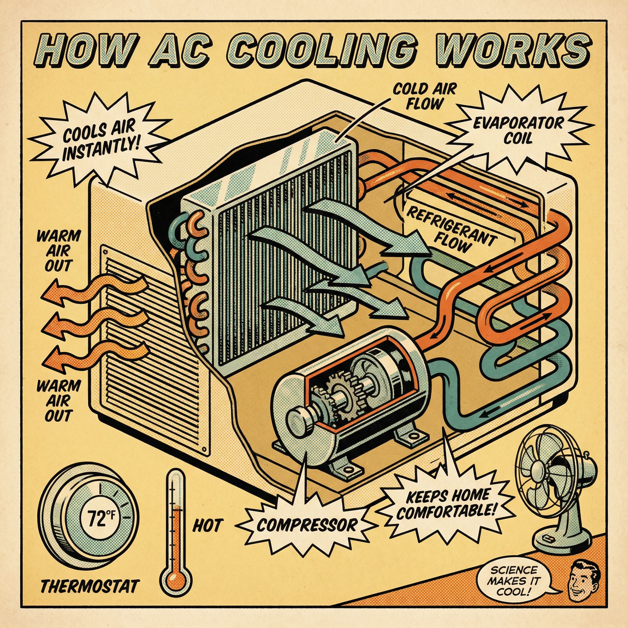 A detailed cross-sectional view of an air conditioning unit showcasing the internal components involved in the cooling proces