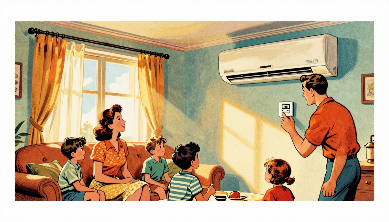 A vintage-inspired scene depicts a family gathered in a cozy living room during a warm summer day, enjoying the cool air from