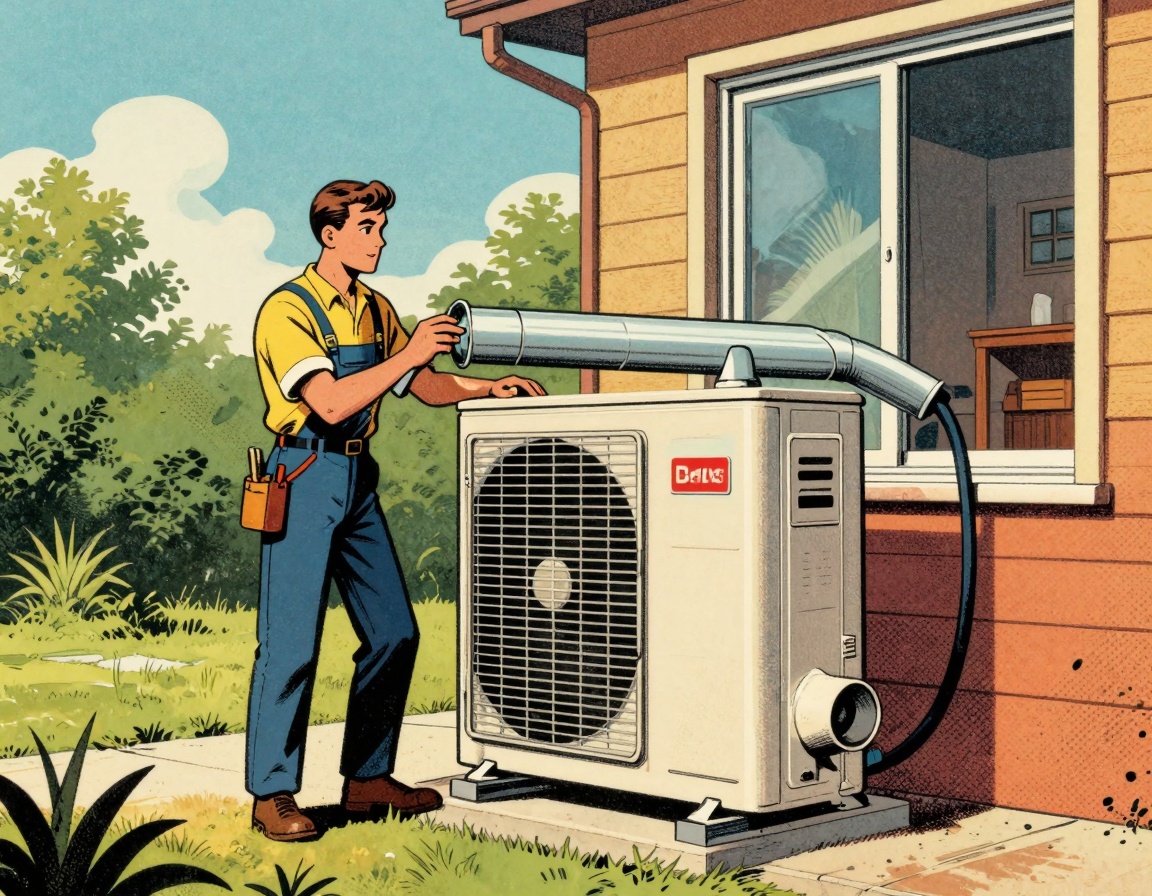 An outdoor installation of a communicating side-discharge heat pump system, featuring a compact outdoor unit discharging air 