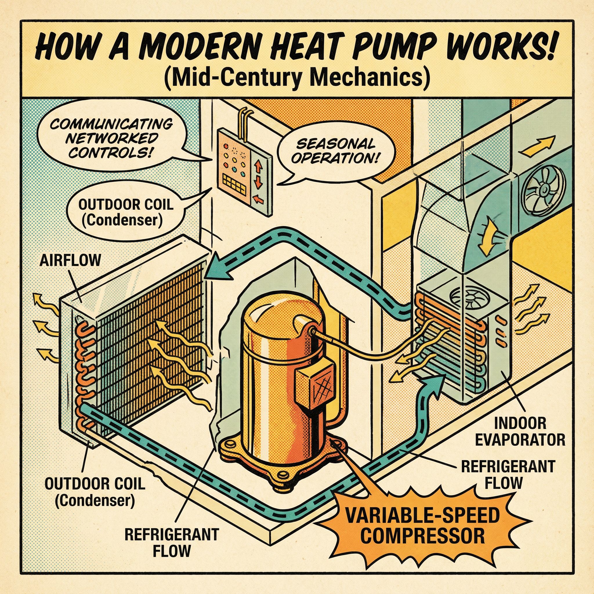 A cross-section view of a communicating side-discharge heat pump system, showcasing the internal components such as the varia