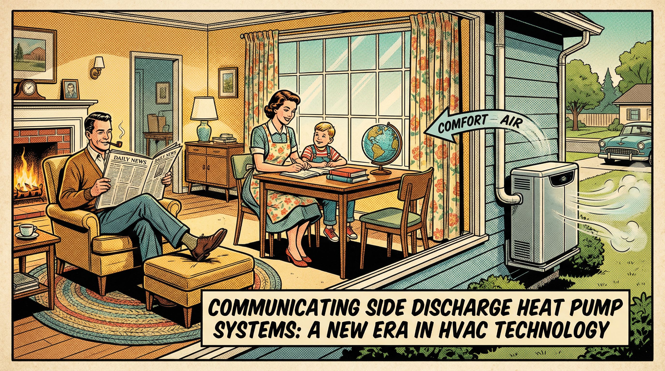 A vibrant 1950s-style illustration depicting a family enjoying comfort in their home with a communicating side-discharge heat