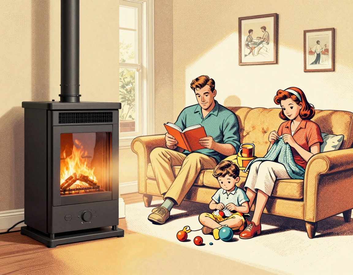 A cozy living room setting featuring a modern gas furnace prominently displayed