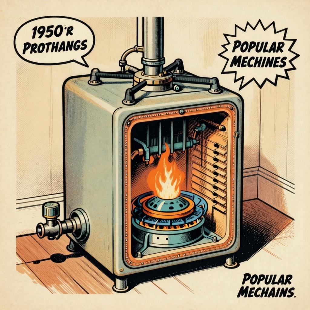 A vintage illustration showcasing a cross-section of a gas furnace
