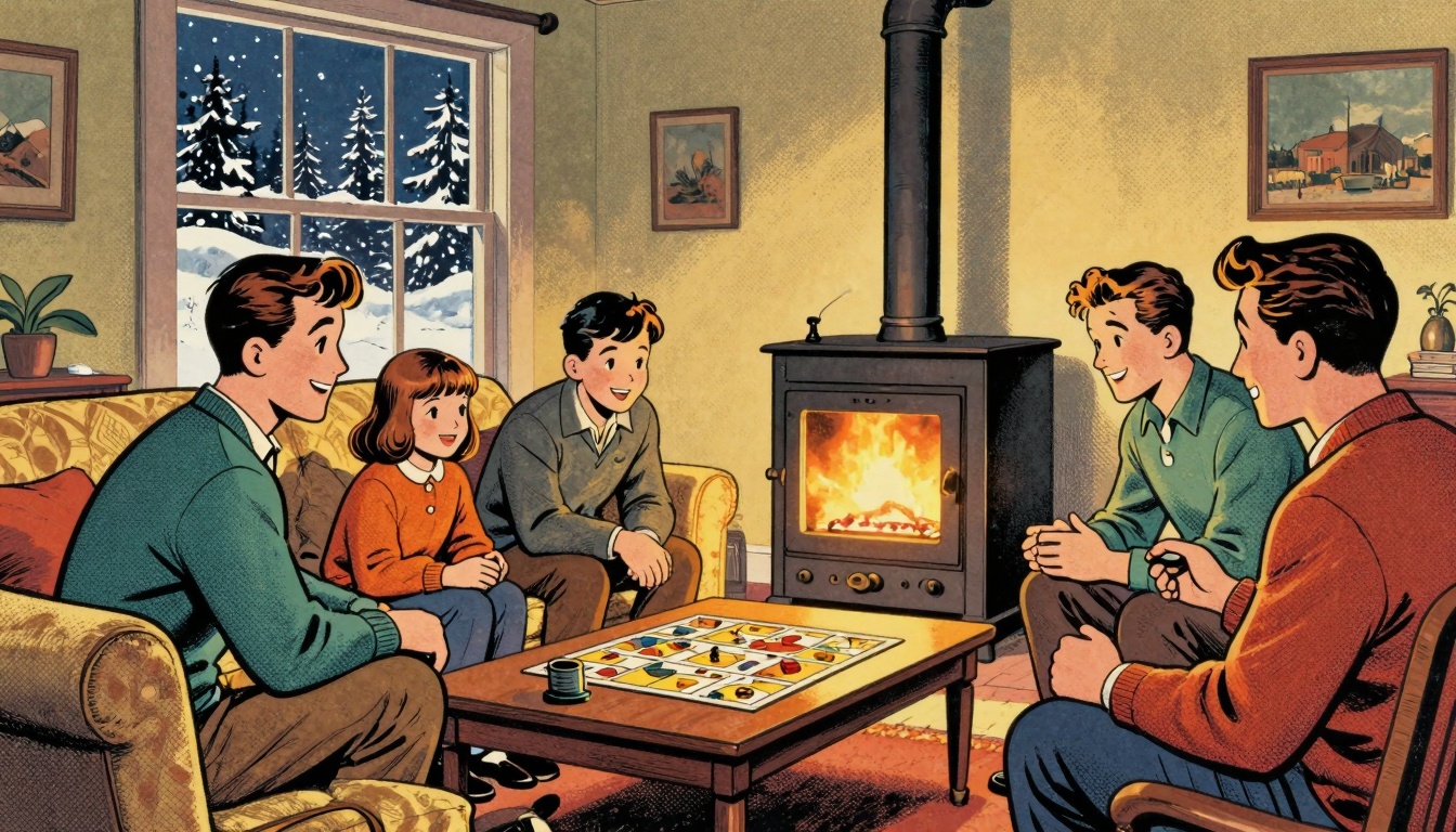 A cozy living room scene showcasing a family gathered around a vintage gas furnace during a winter evening