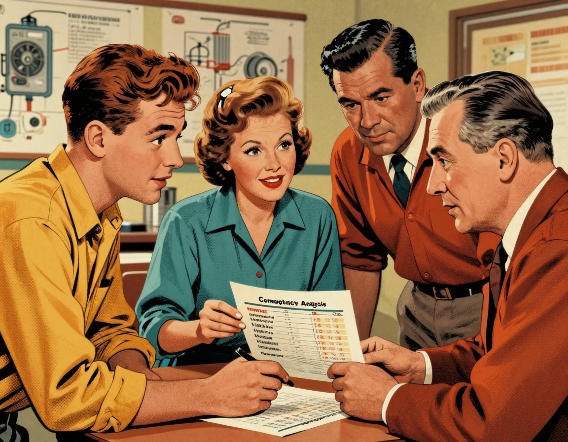 A vintage-style illustration showing a competency gap analysis meeting in an HVAC training environment
