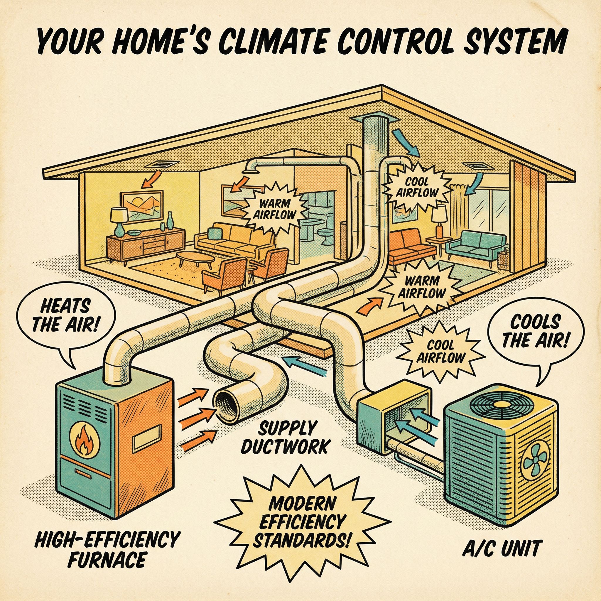 A cross-sectional view of a residential HVAC system, showcasing the layout of the key components such as the furnace, air con