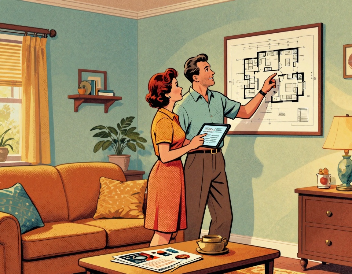 A middle-aged couple discussing their options for cooling their mother-in-law suite in a cozy living room