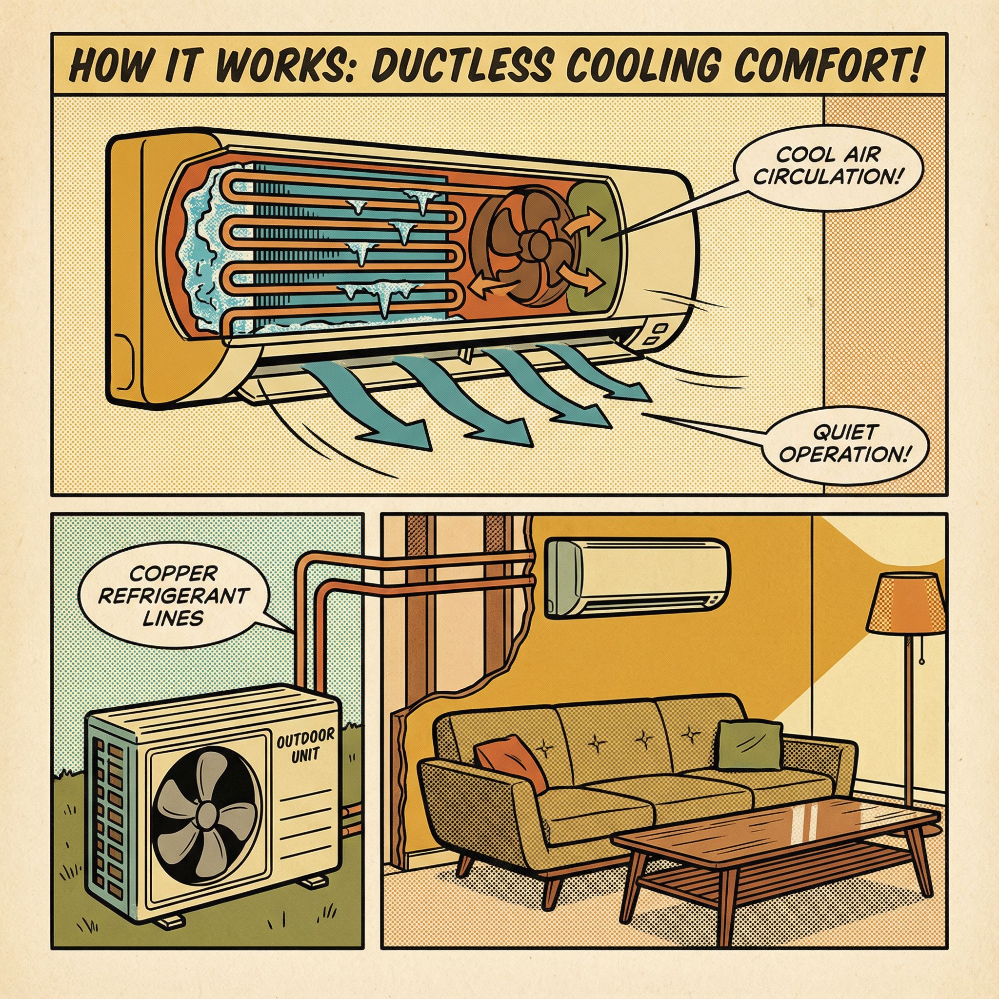 A cross-sectional view of a ductless mini-split air conditioning system, showing the indoor unit mounted on the wall with ref