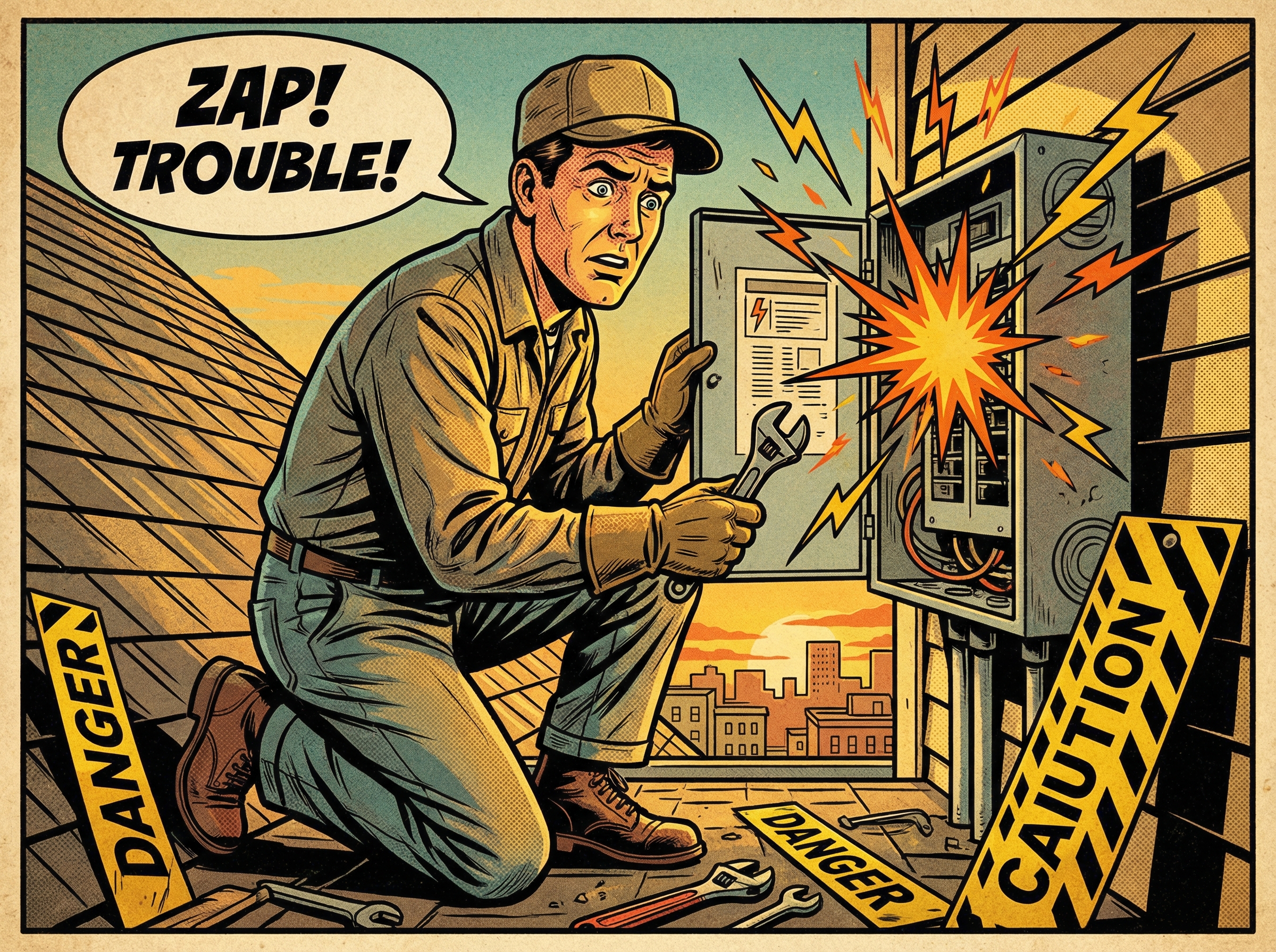 A vintage-style illustration depicting an HVAC technician working atop a roof, dressed in mid-20th century attire, examining 