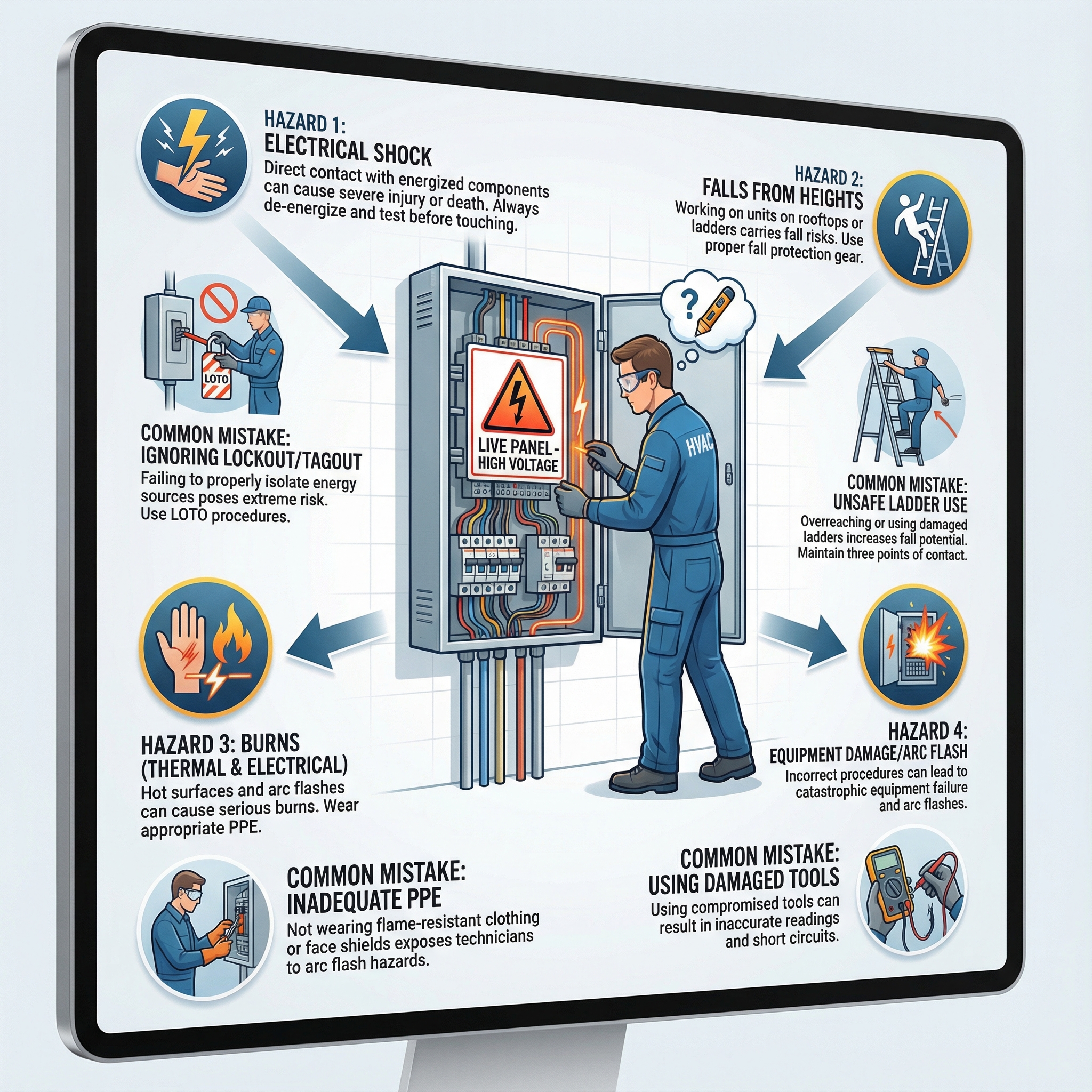 An informative infographic showcasing the hazards of HVAC maintenance, specifically focusing on live electrical panels and co