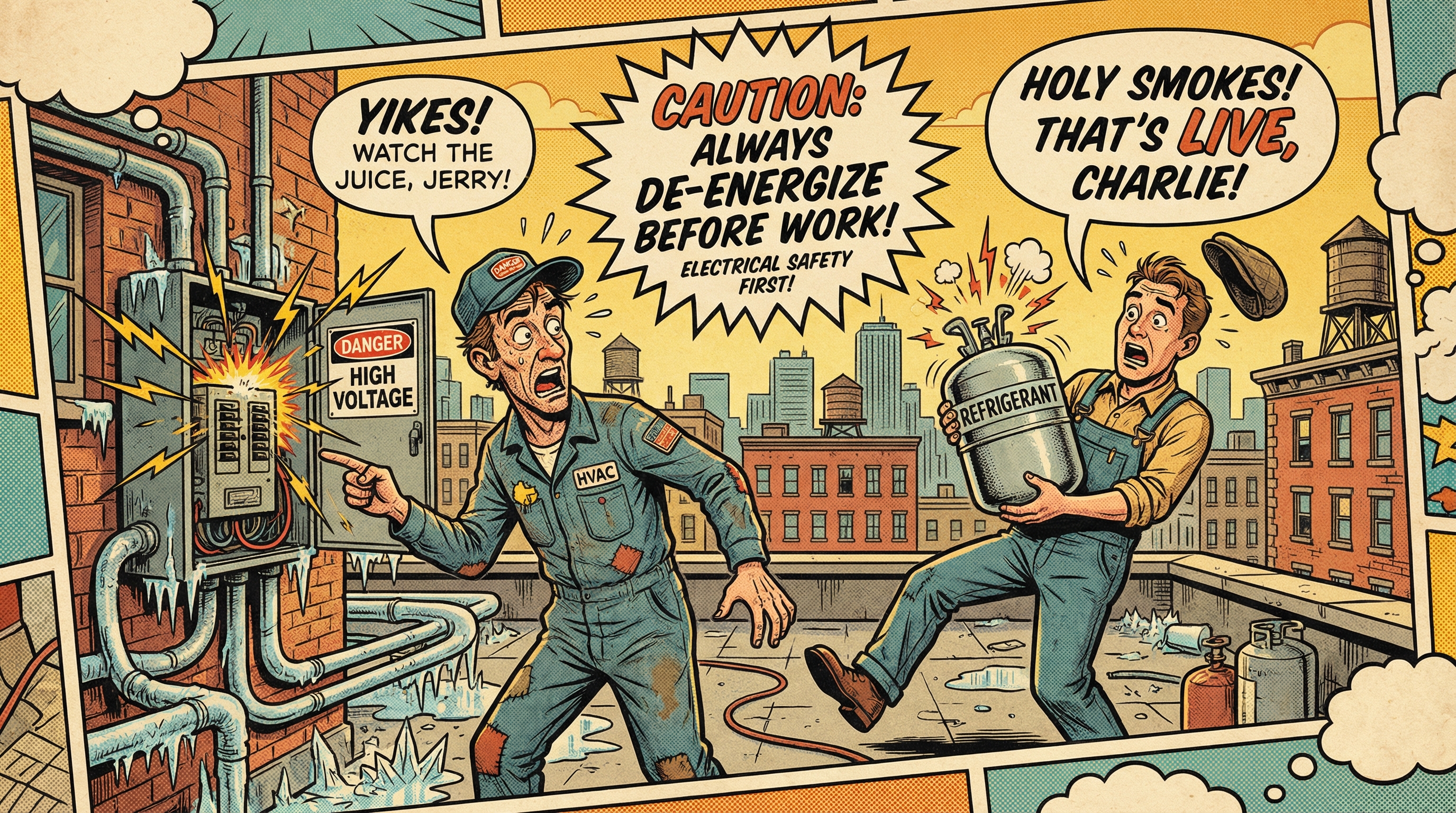 A vintage-style illustration depicting a humorous yet cautionary scene of an HVAC technician working on a rooftop