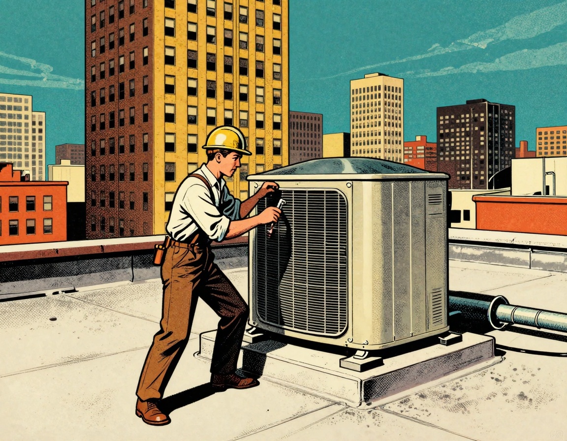 A vintage 1950s-style illustration depicting a technician inspecting a rooftop HVAC unit on a high-rise apartment building