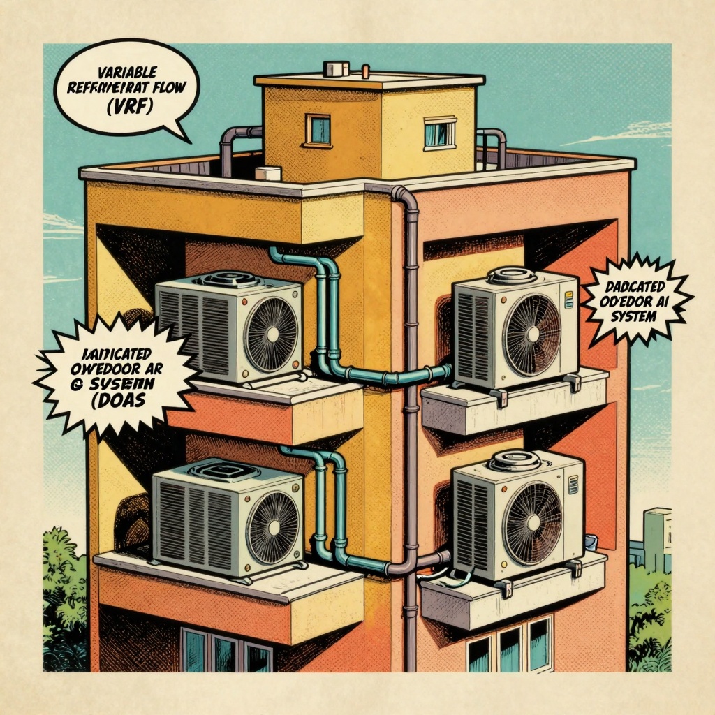 A cross-section view of a high-rise apartment building showcasing various HVAC systems being installed