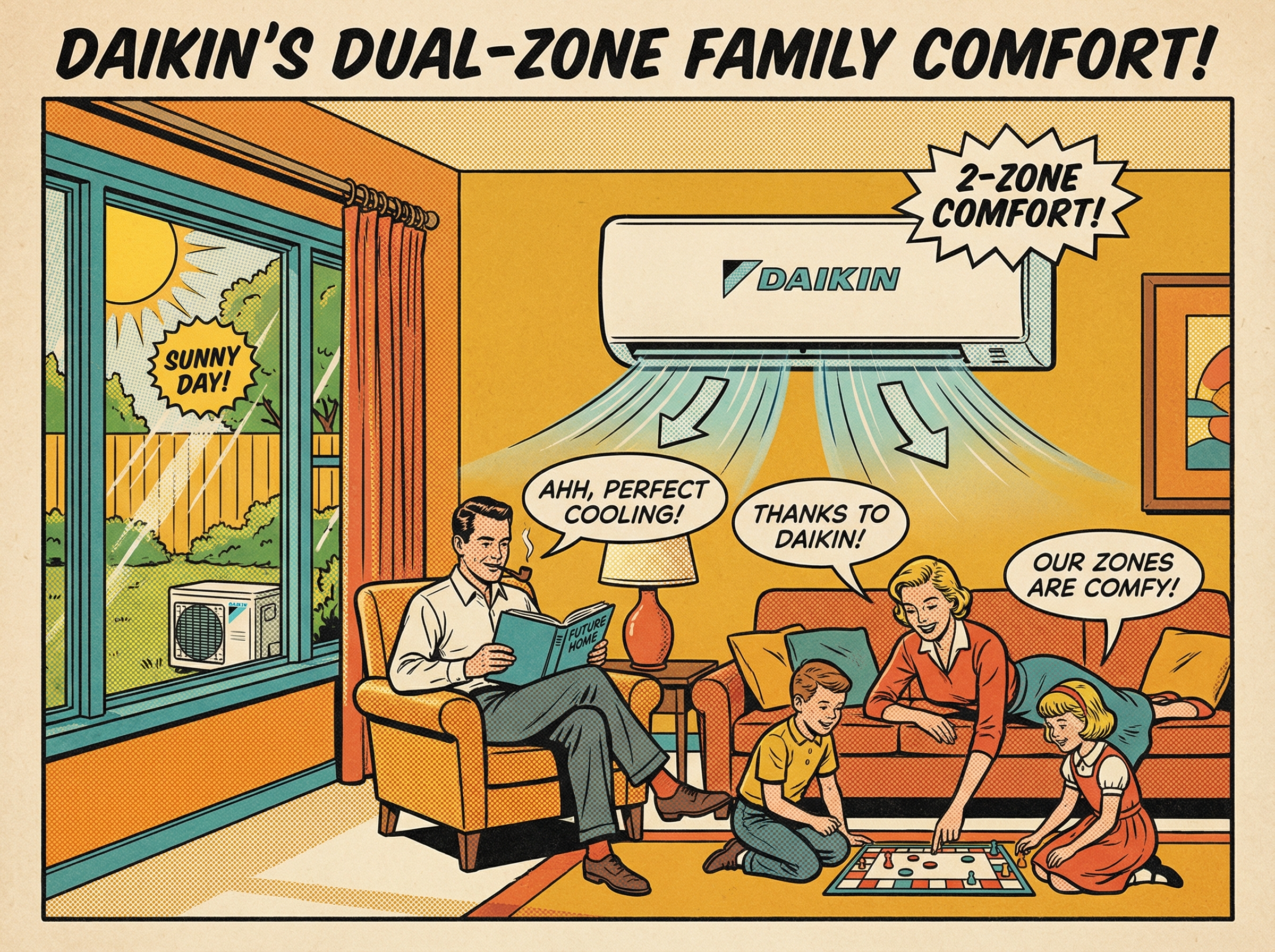 A family enjoying a comfortable living room, featuring the Daikin 2-Zone Mini Split AC Heat Pump prominently mounted on the w