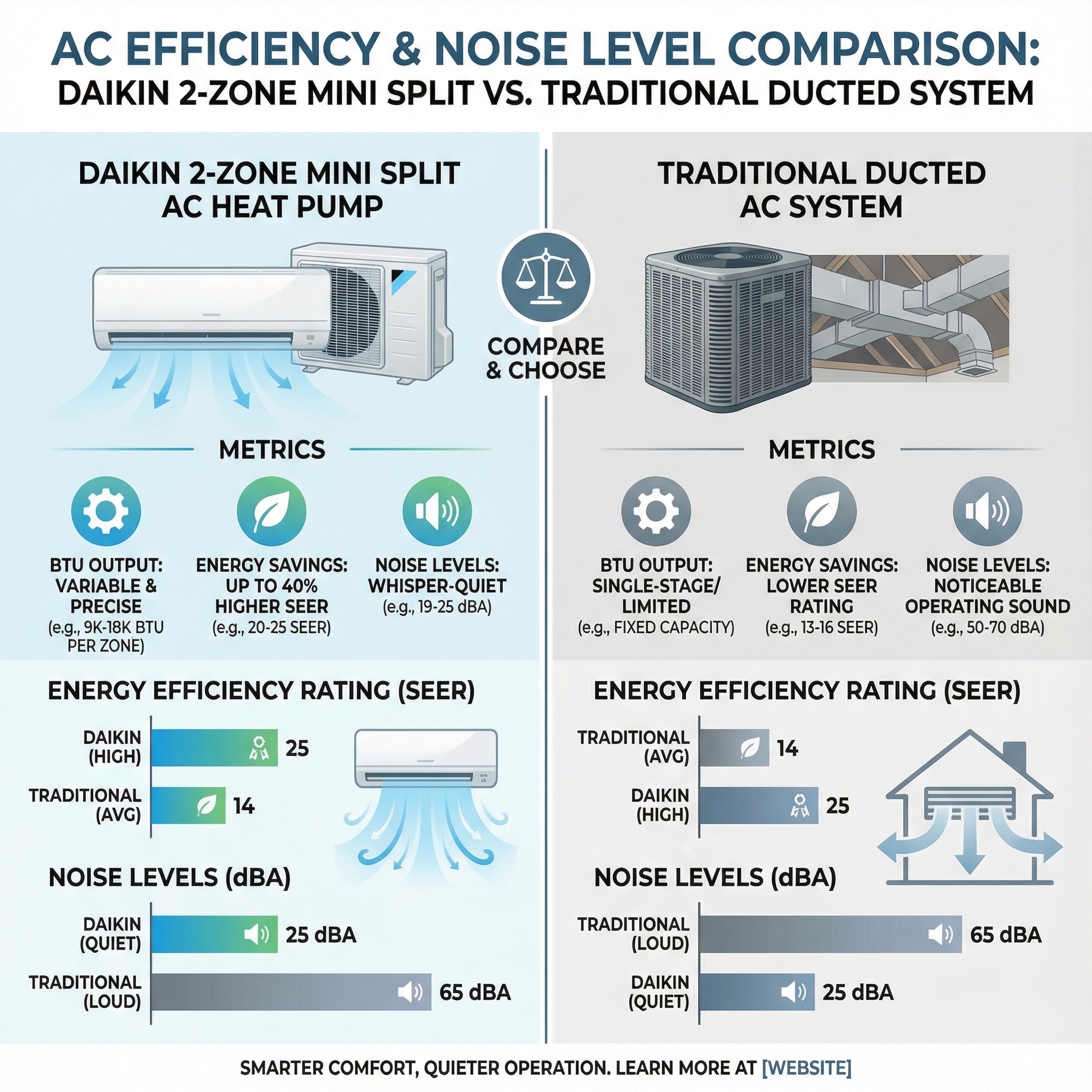 An informative infographic illustrating the efficiency and noise levels of the Daikin 2-Zone Mini Split AC Heat Pump compared