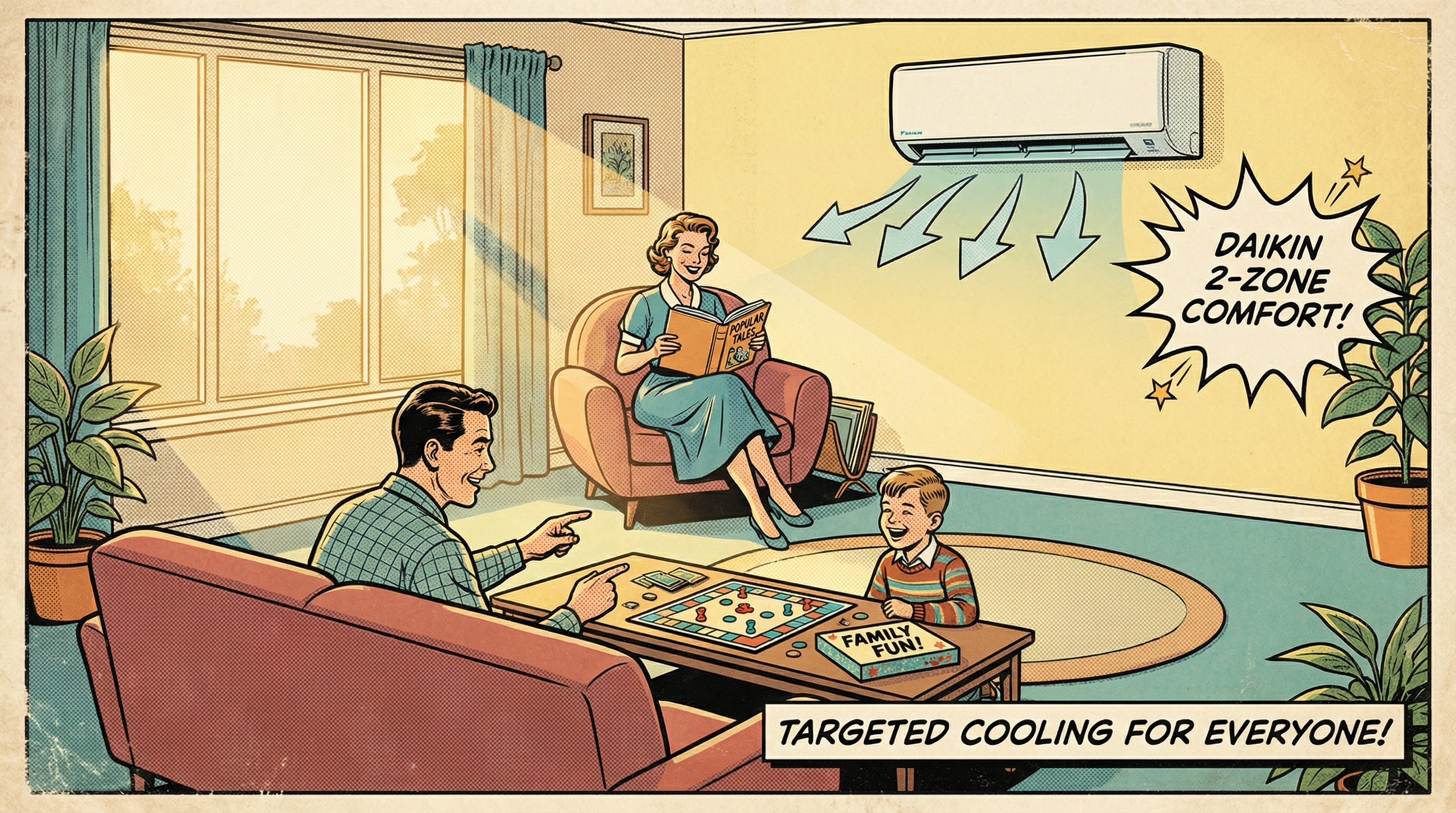 A cozy living room scene featuring a Daikin 2-Zone Mini Split AC Heat Pump mounted on the wall, efficiently cooling two disti