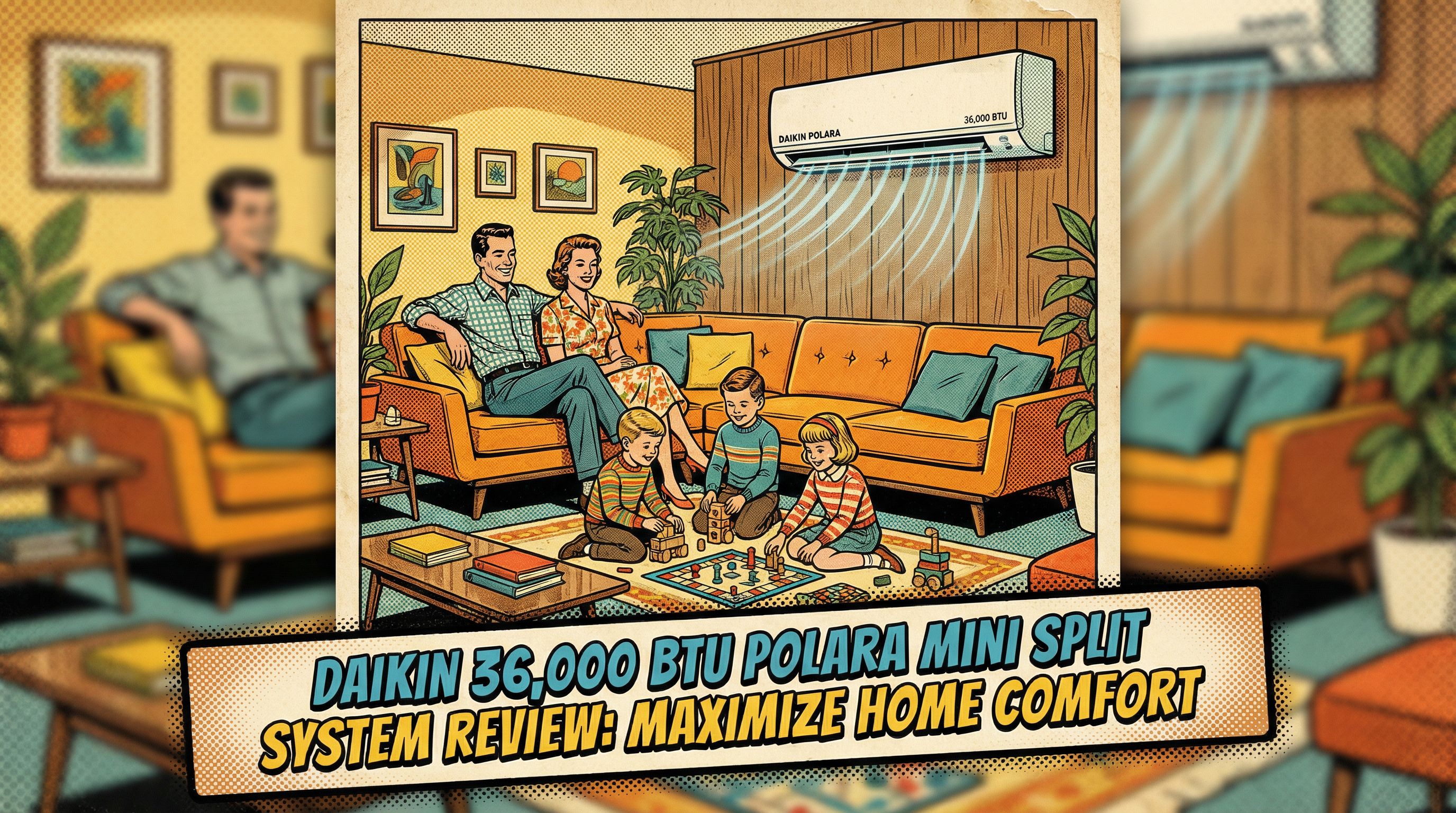 A cozy living room scene showcasing a family enjoying their time together under the comfortable cooling of the Daikin 36,000 