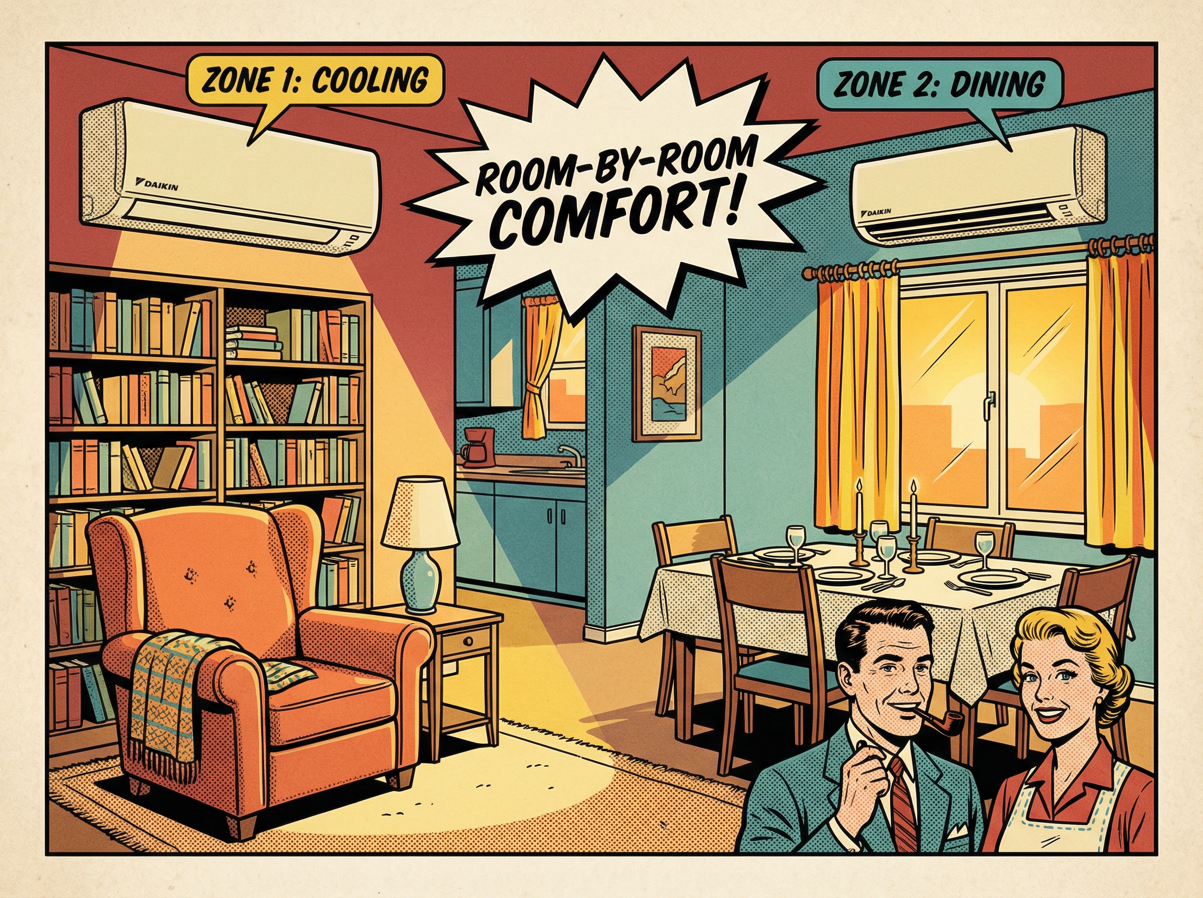 A warm, inviting interior of a living room featuring a Daikin 4-zone mini split system mounted high on the wall