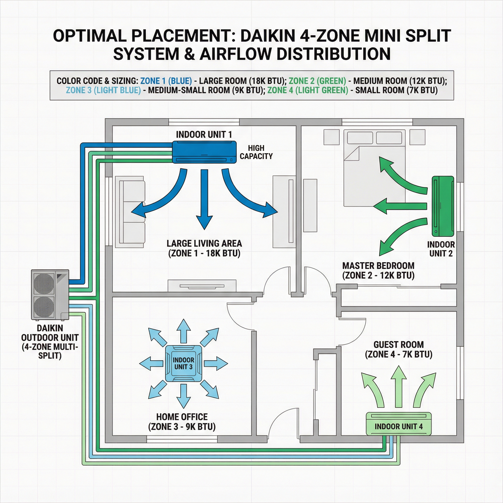 An educational diagram illustrating the optimal placement of Daikin 4-zone mini split indoor units within different room conf