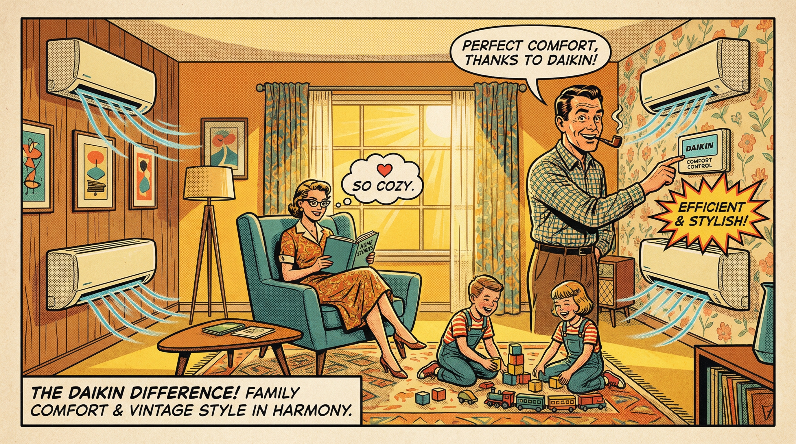 A warm, inviting living room scene showcasing a family happily interacting with their Daikin 4-zone mini split system