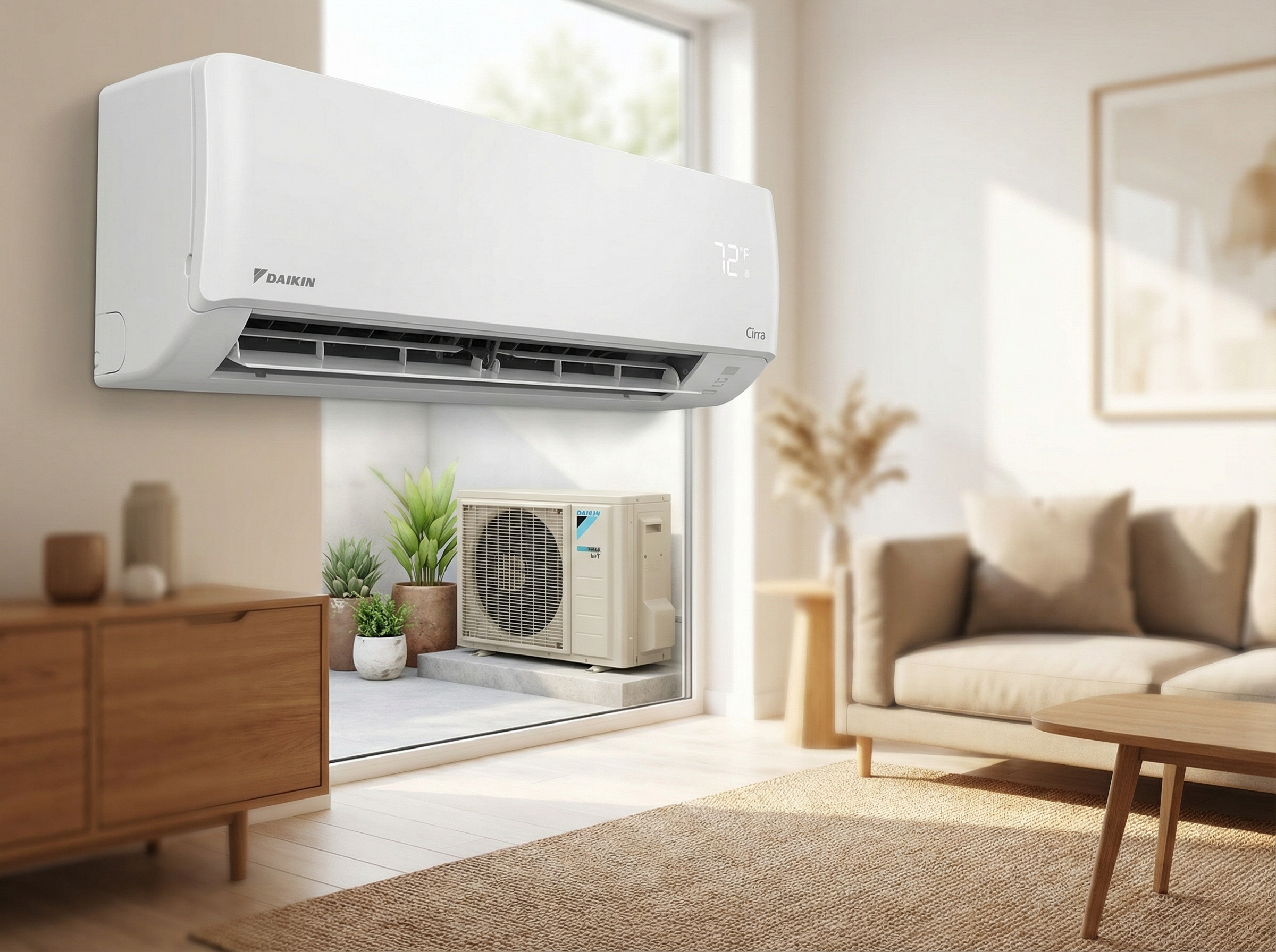A high-quality, close-up photograph of the Daikin Cirra 18,000 BTU Mini Split heat pump unit installed in a modern home setti