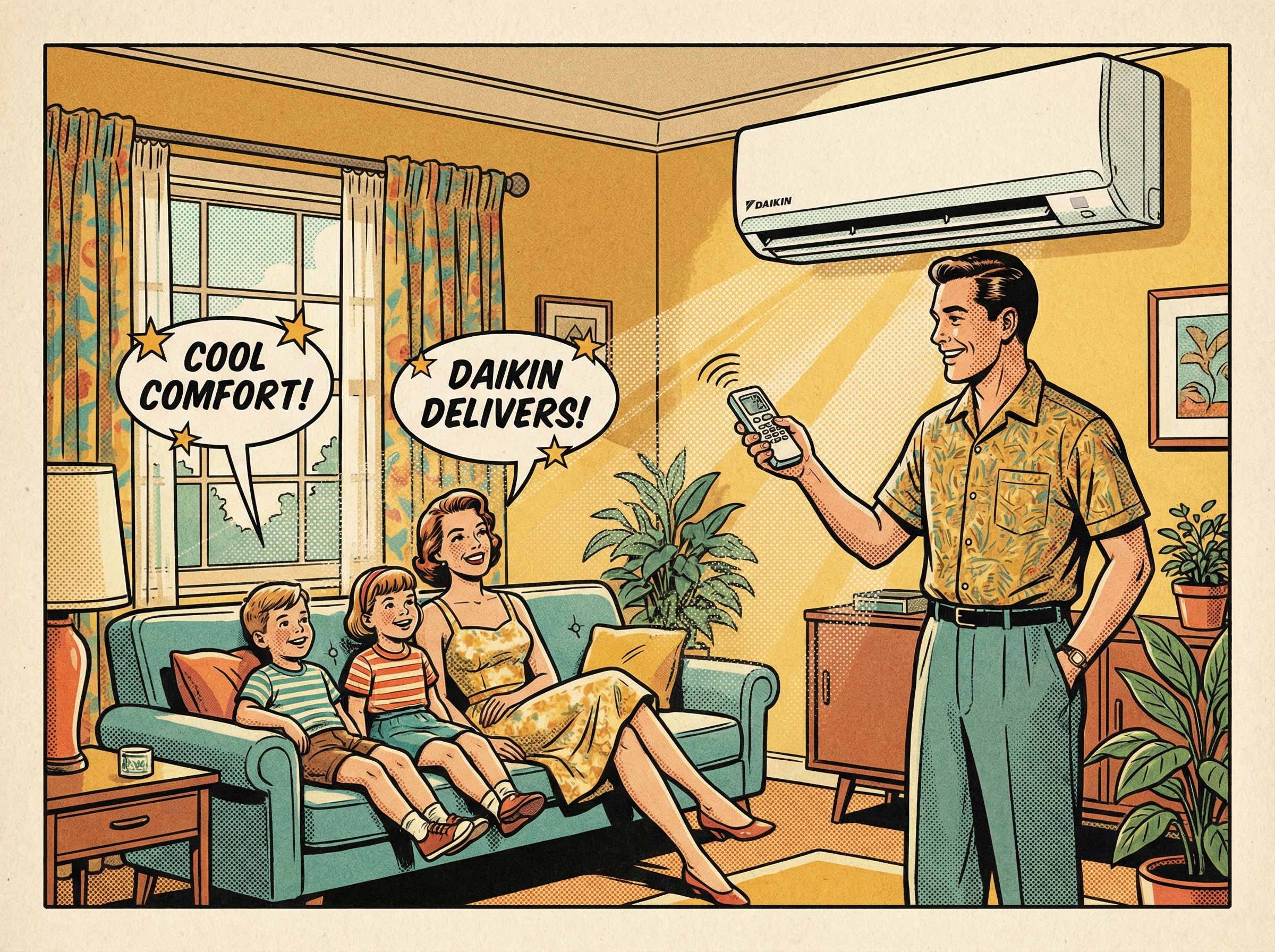 A family happily interacting with a Daikin mini split air conditioner installed in a cozy living room