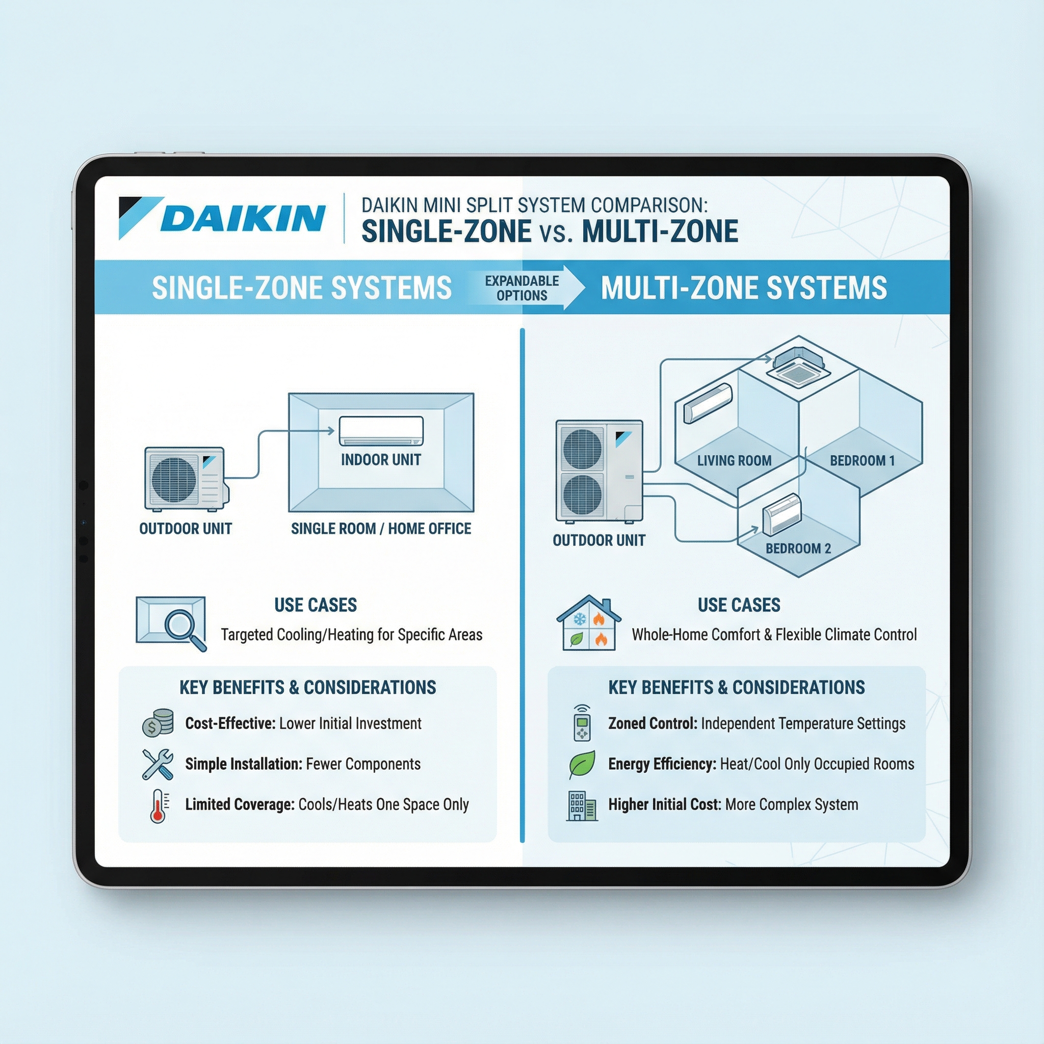 An educational infographic detailing the differences between single-zone and multi-zone Daikin mini split air conditioning sy