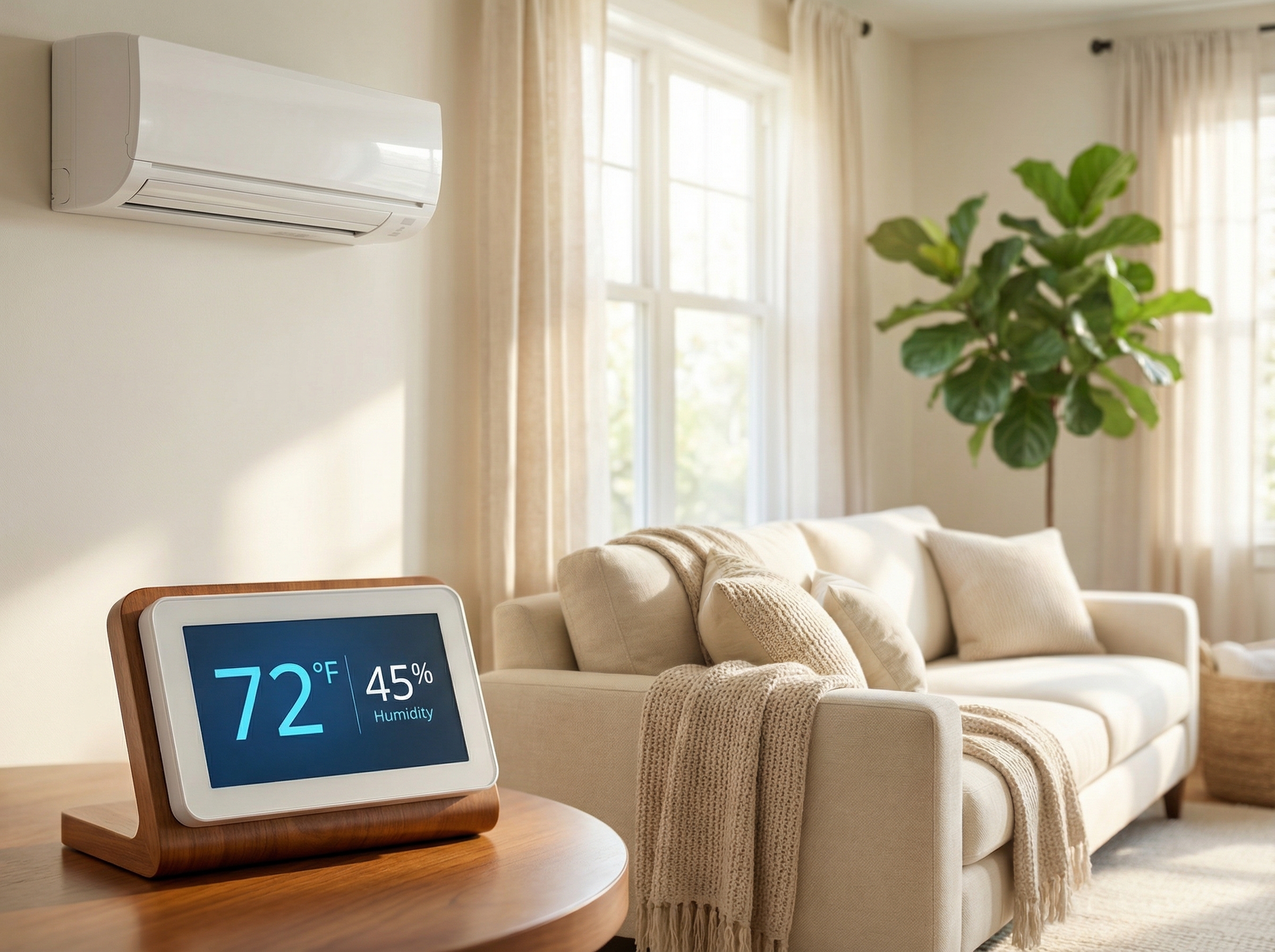 An indoor scene showing a modern air conditioning unit mounted on a living room wall