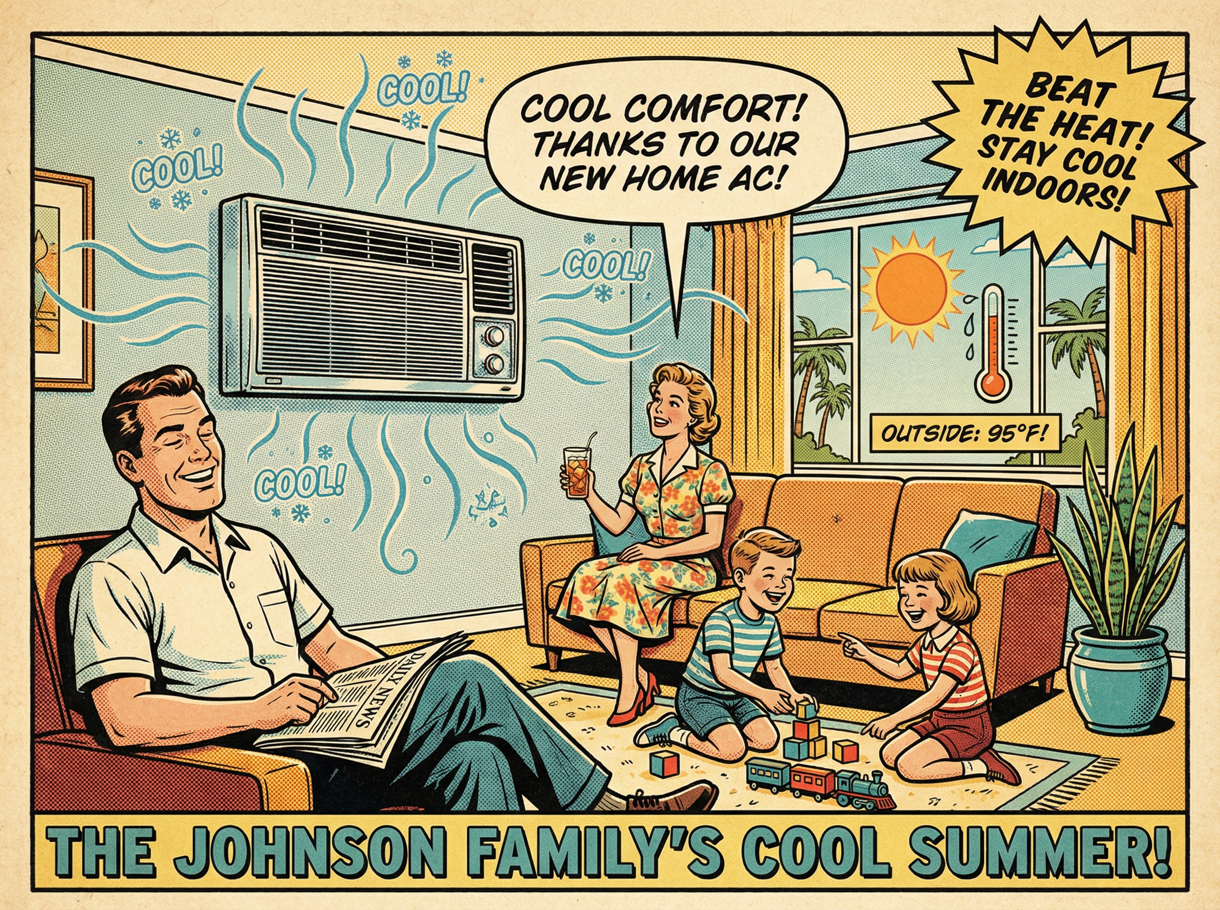 A vintage-style illustration of a family happily interacting with their home central air conditioning unit on a warm summer d