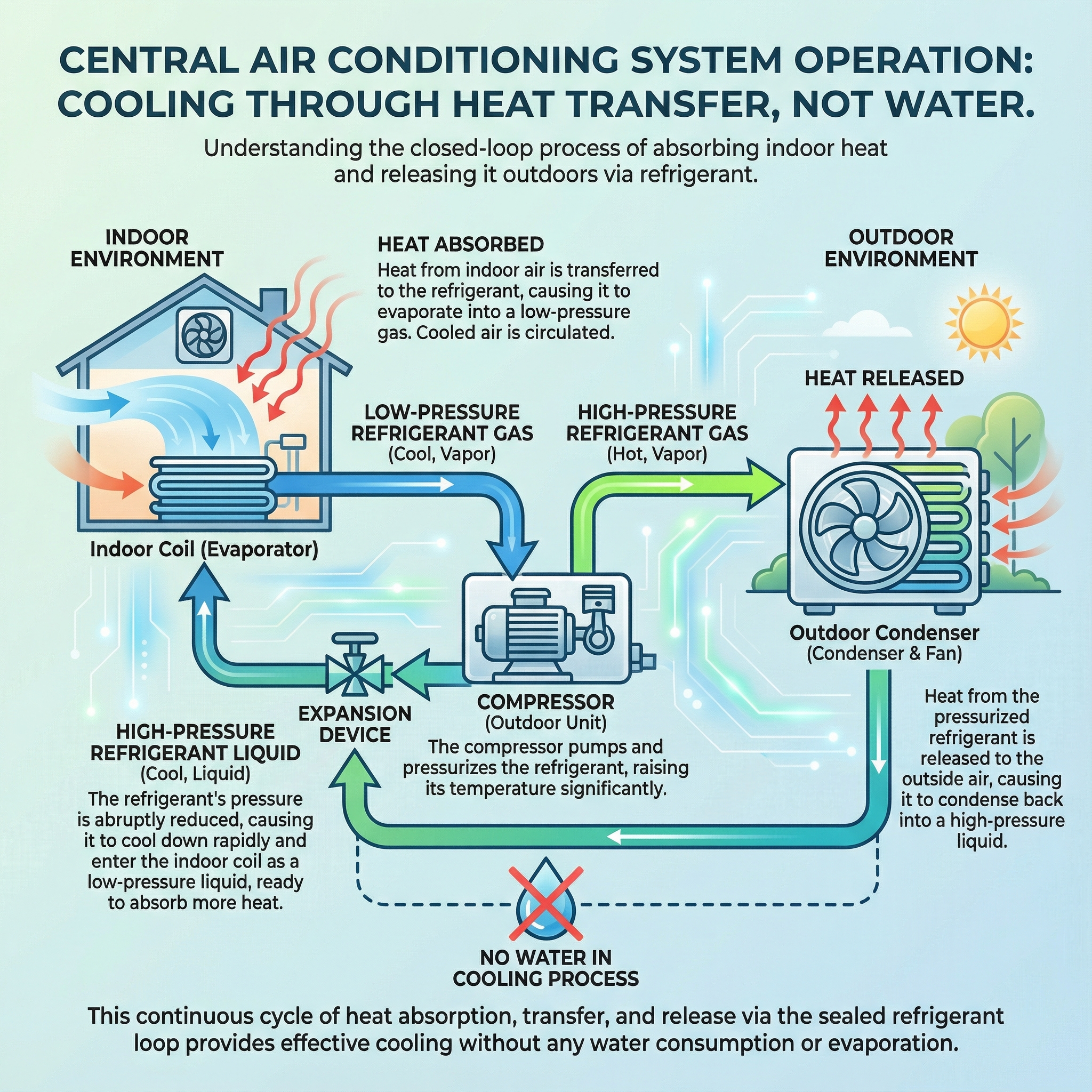 An educational infographic illustrating how a central air conditioning system operates