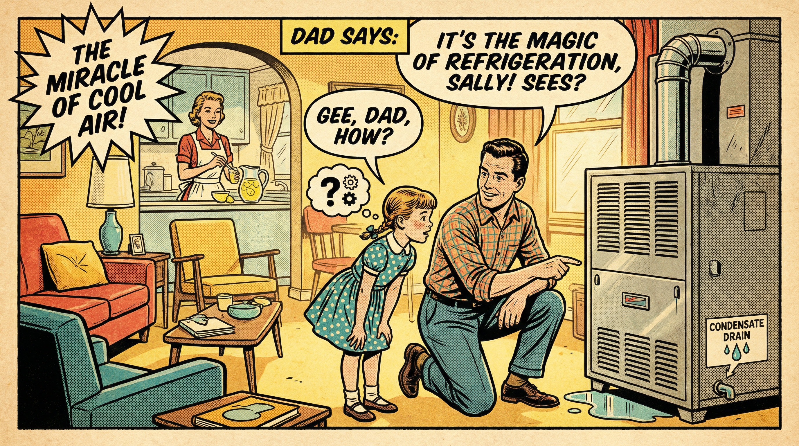 A nostalgic 1950s family scene in a cozy living room where a father is explaining how their central air conditioner works to 