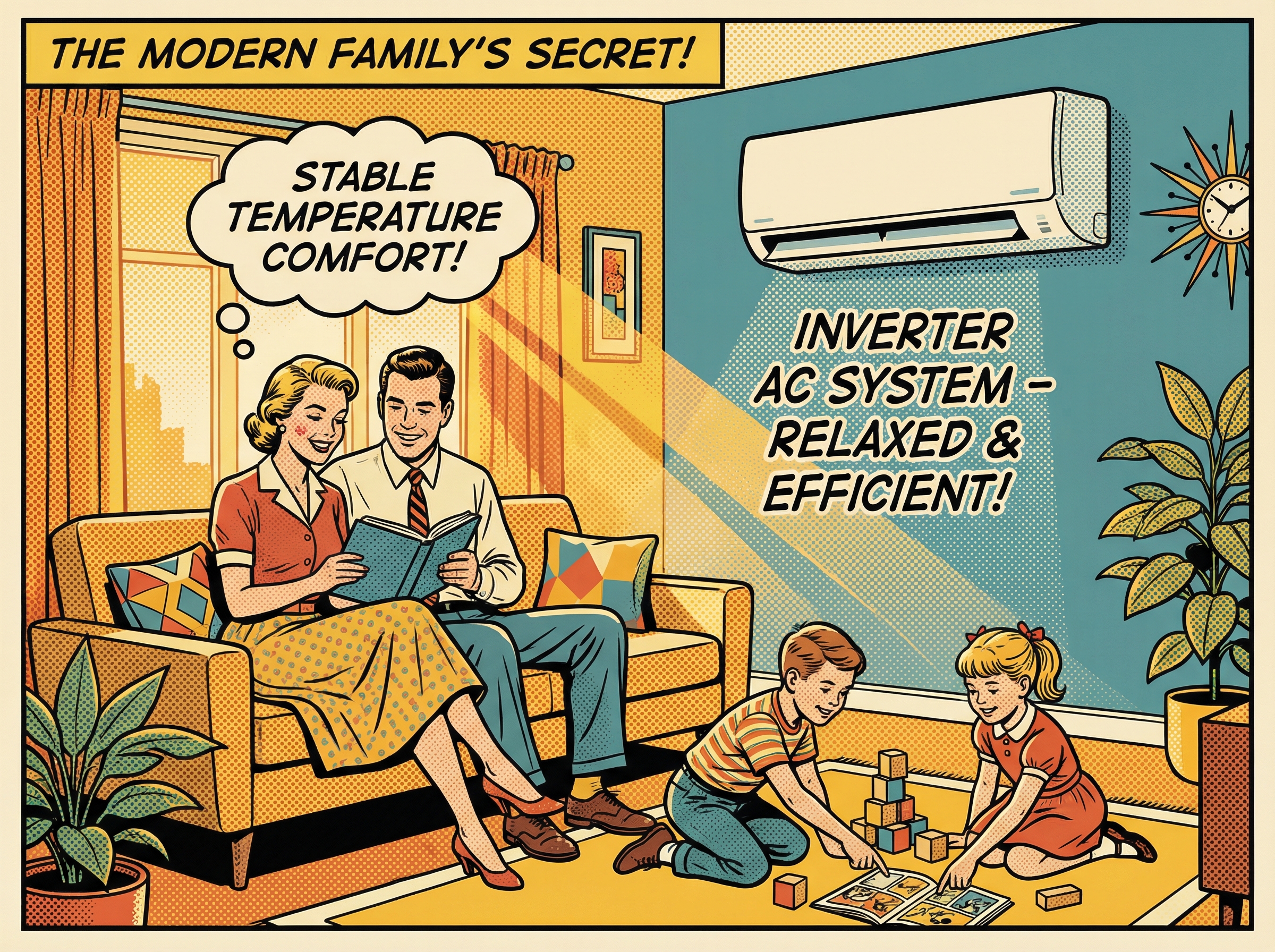 A family sitting comfortably in a beautifully decorated living room equipped with an inverter AC system