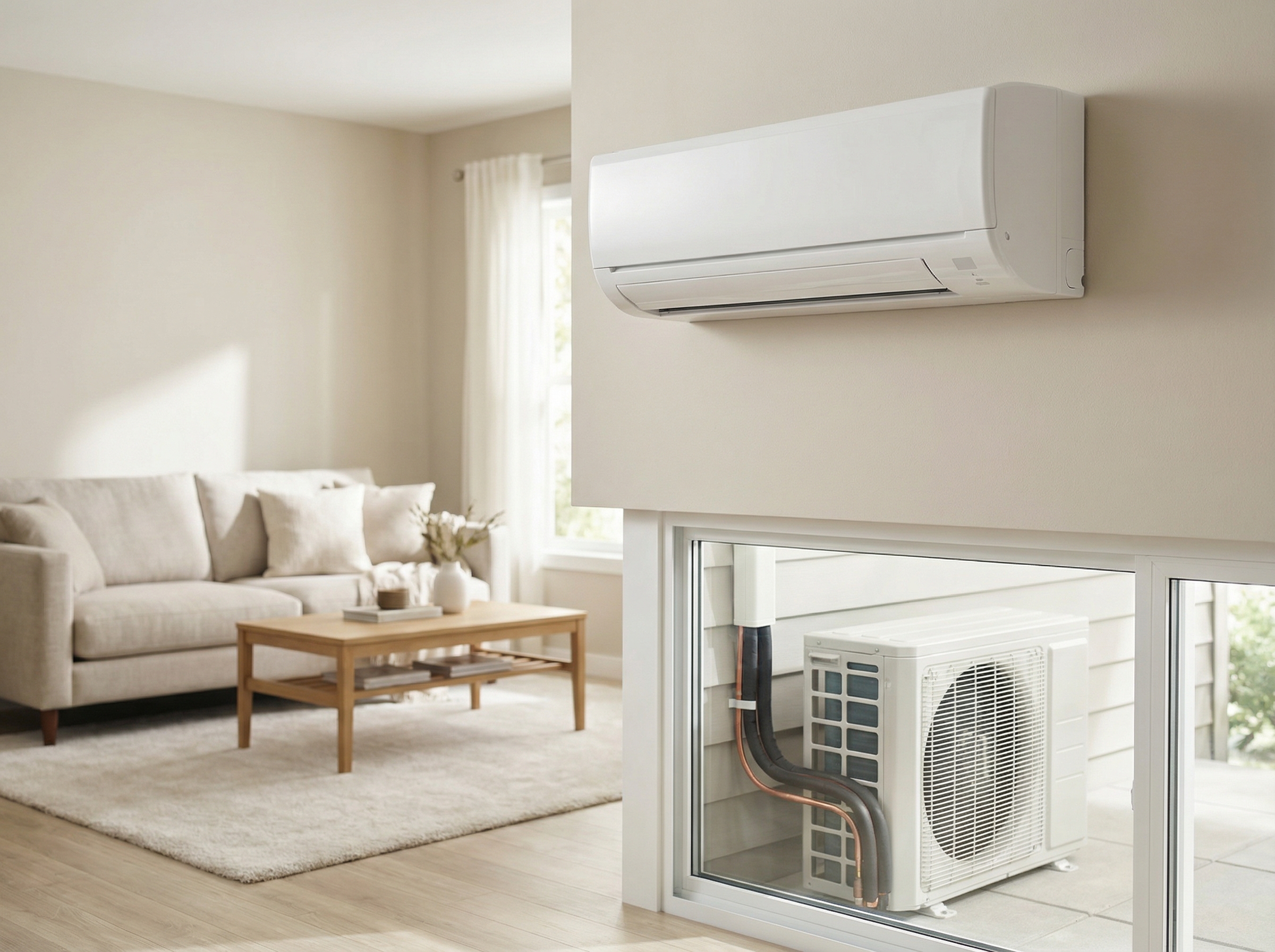A close-up view of a ductless mini-split unit mounted on a living room wall, showcasing both the indoor air handler and the o