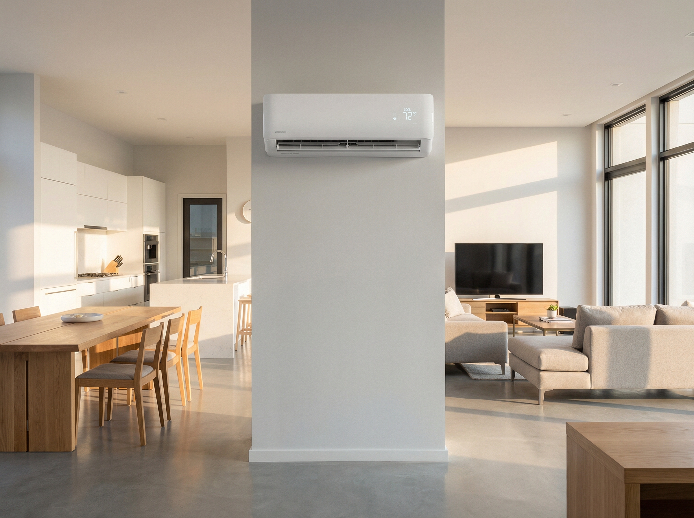 A close-up view of a ductless mini-split system installed on a wall, showcasing both the indoor unit and its remote control