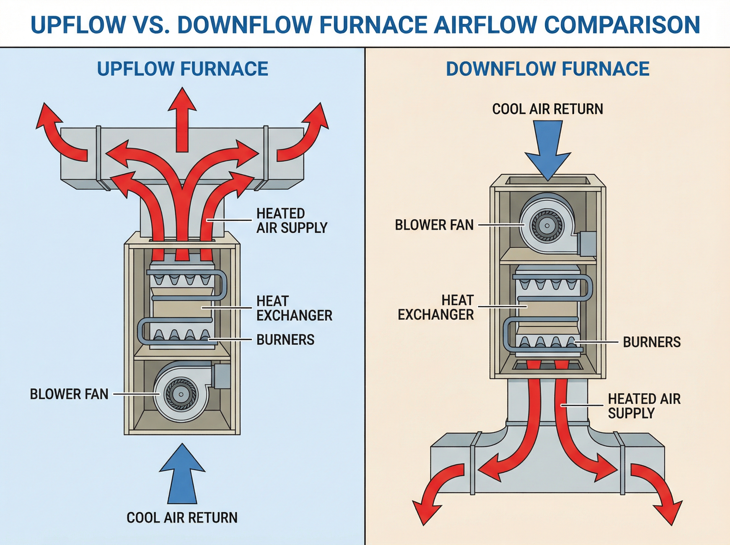 A side-by-side comparison of an upflow furnace and a downflow furnace