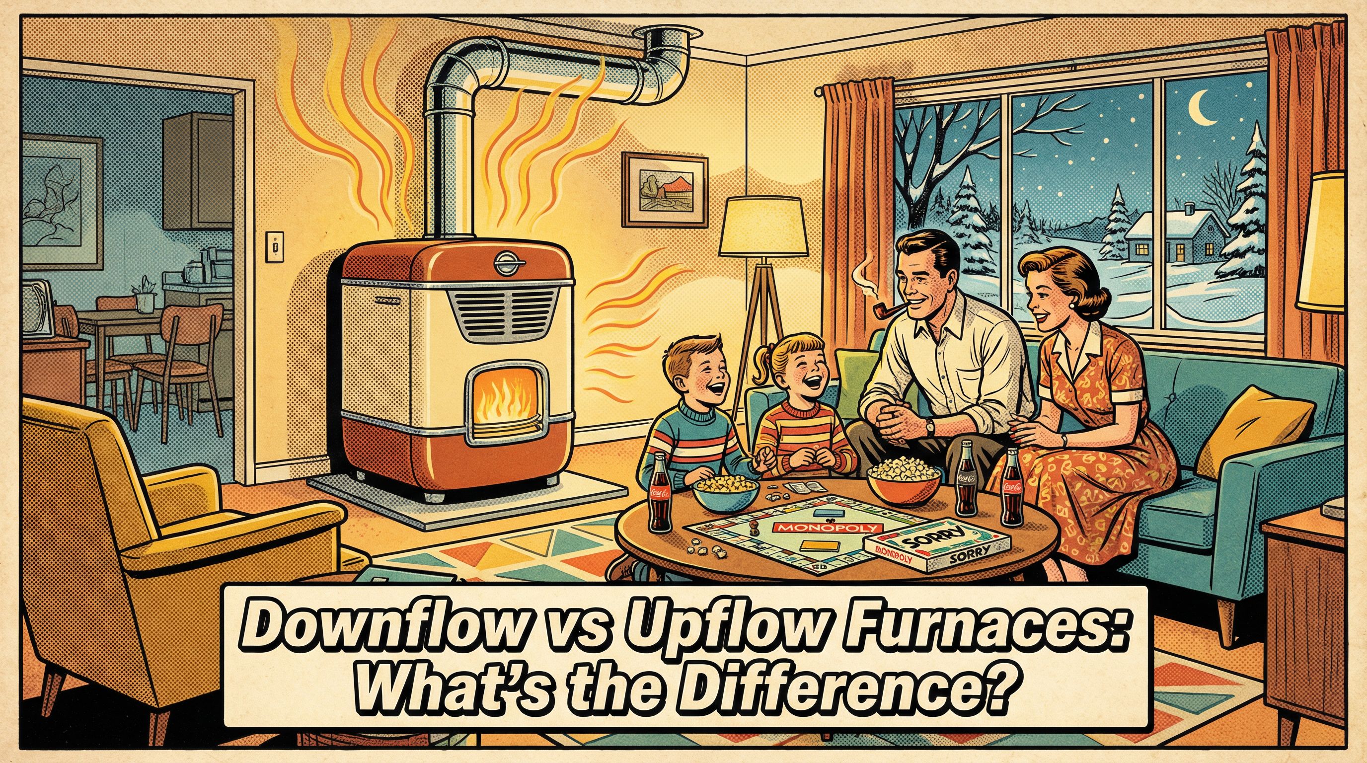 A retro-inspired illustration depicting a cozy living room setting where a family is interacting with an upflow furnace