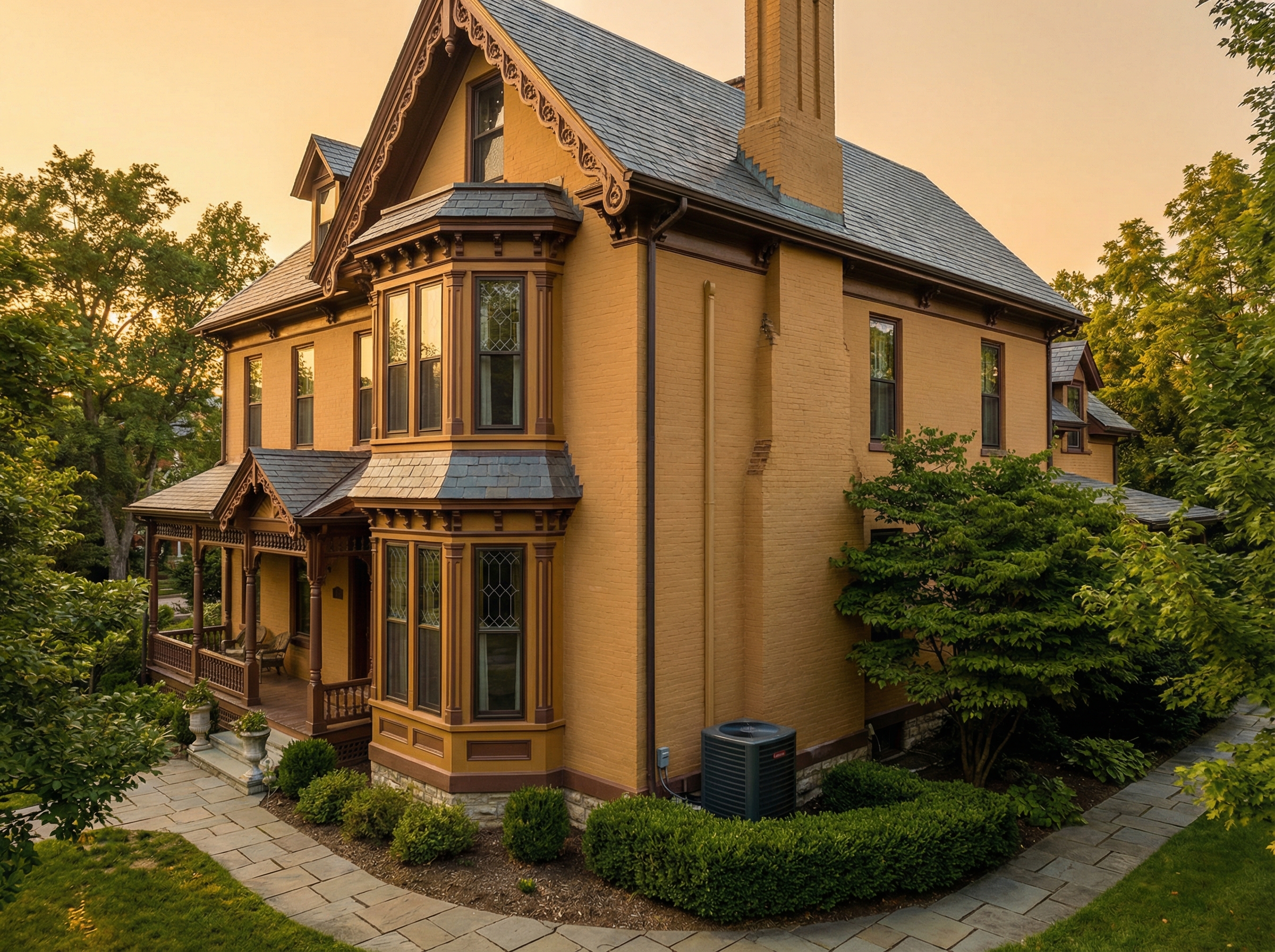 An elegant and historic home exterior showcasing an installation of a ductless mini-split heat pump system