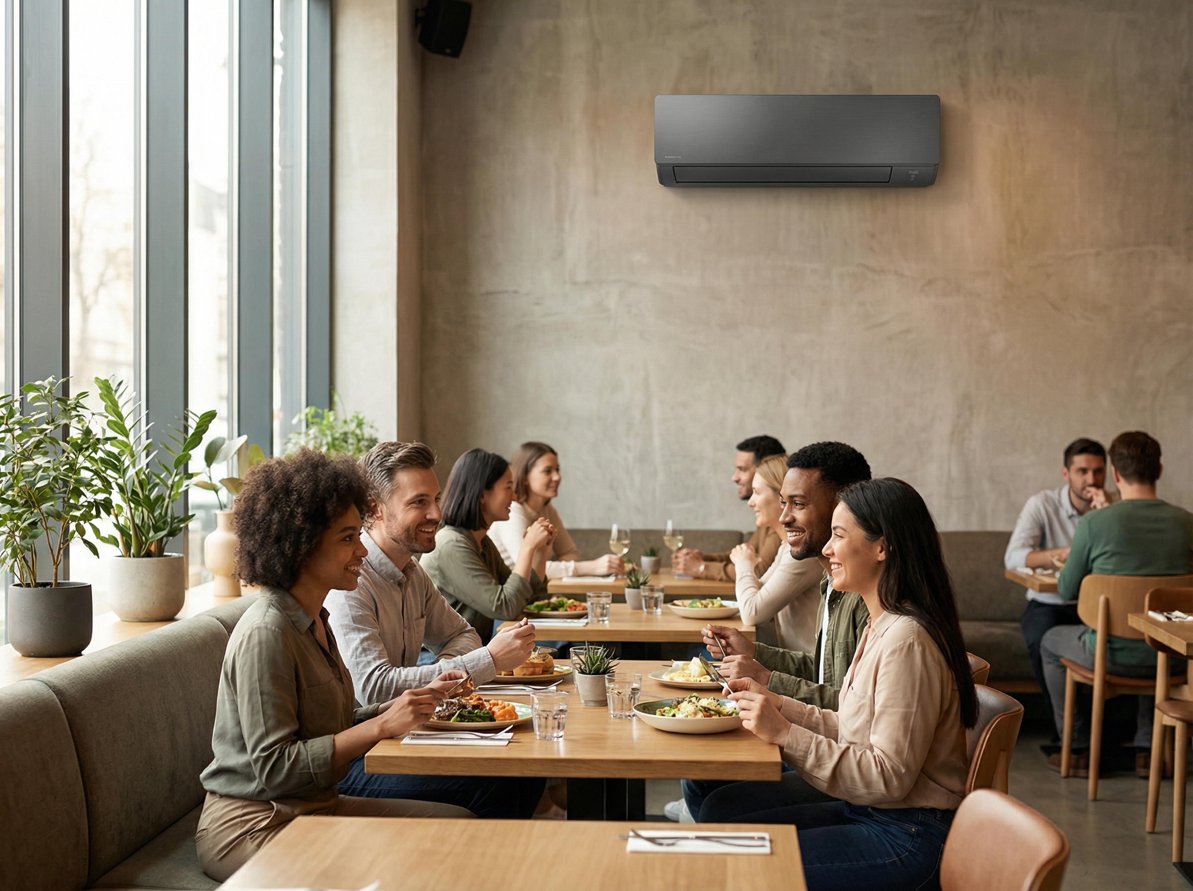 An interior shot of a restaurant dining area featuring a ductless mini-split air conditioning unit mounted on the wall